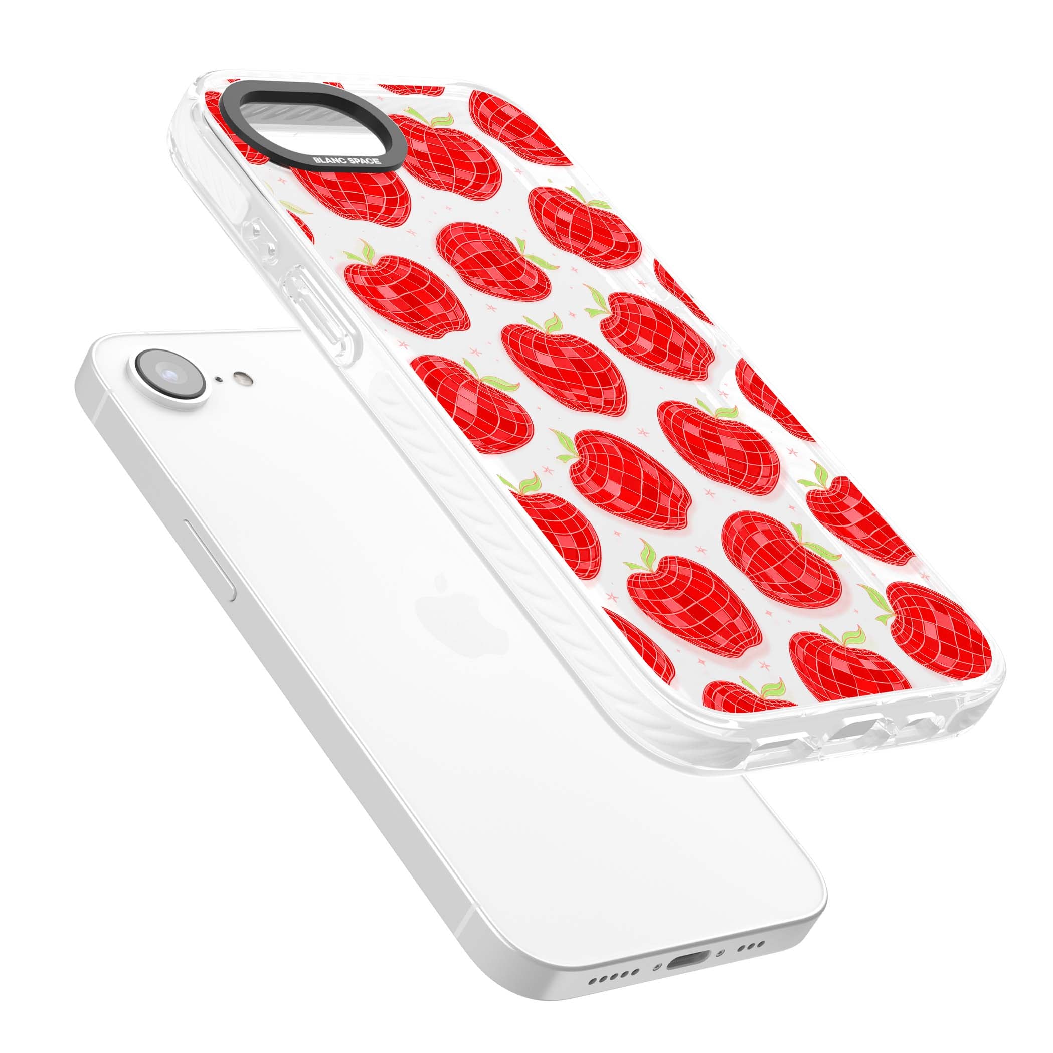 Disco Apples Y2K iPhone case featuring red disco ball apples, green leaves and pink sparkles on clear | Clear Impact case for iPhone 16e, iPhone 17e