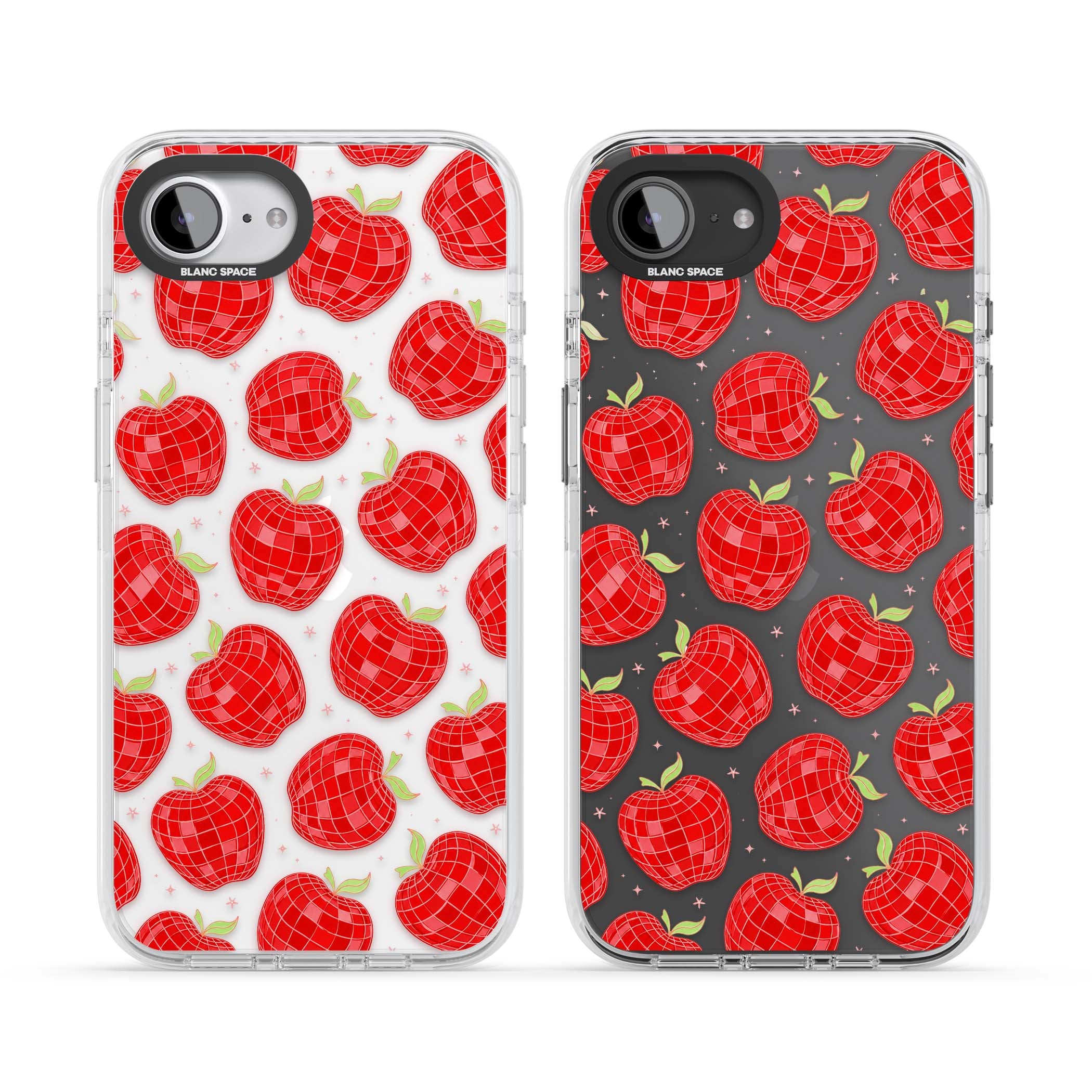 Disco Apples Y2K iPhone case featuring red disco ball apples, green leaves and pink sparkles on clear | Clear Impact case for iPhone 16e, iPhone 17e