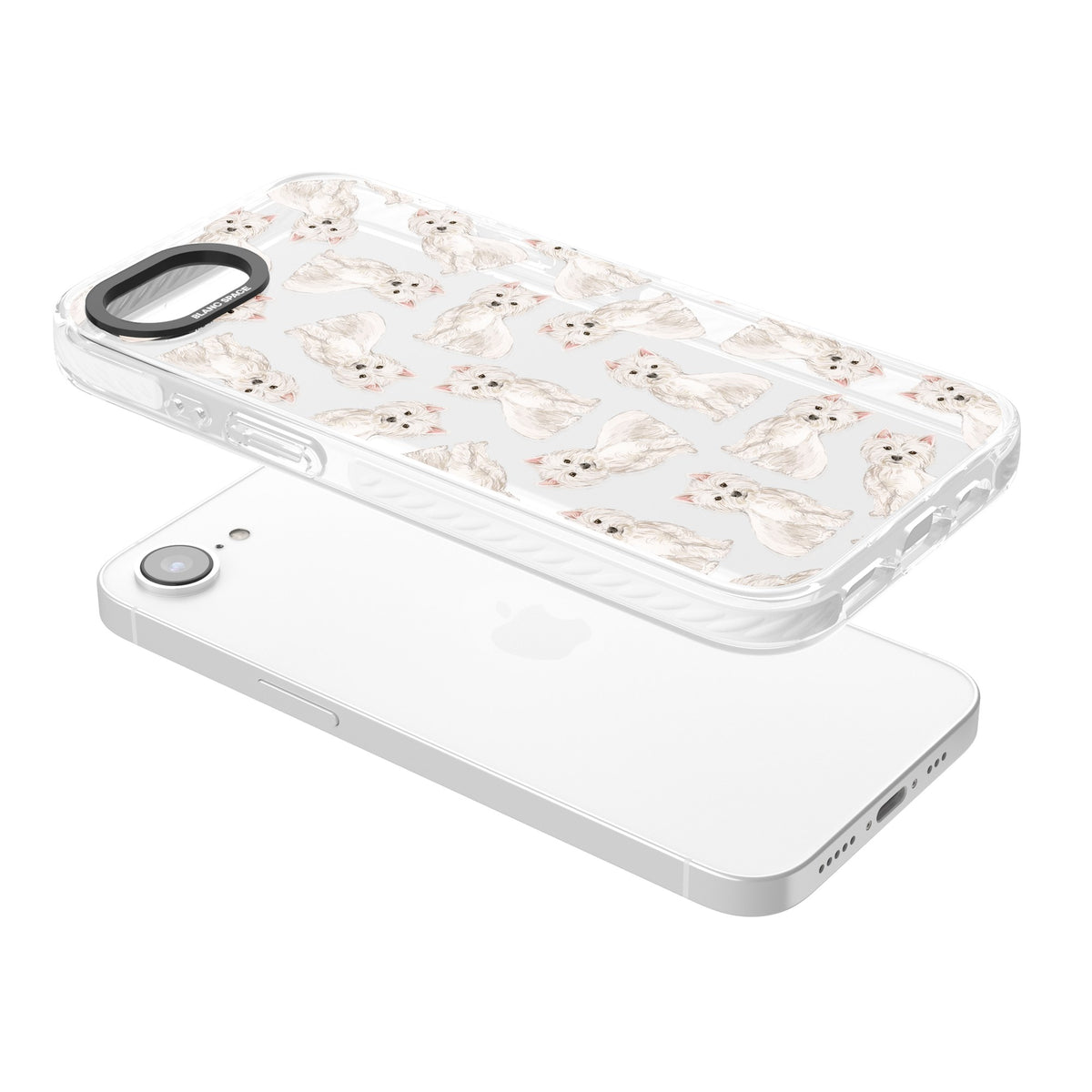 Westie Dog Pattern iPhone 16e / iPhone 17e Impact Clear Phone Case angled