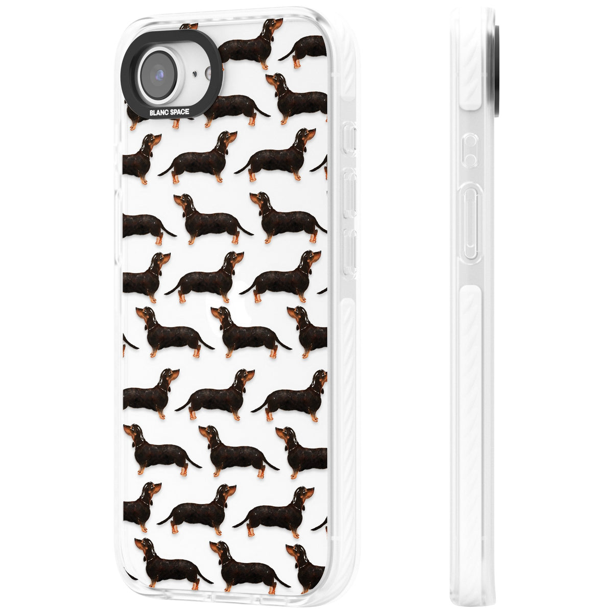 Dachshund Pattern Black Tan iPhone 16e / iPhone 17e Impact Clear Phone Case side