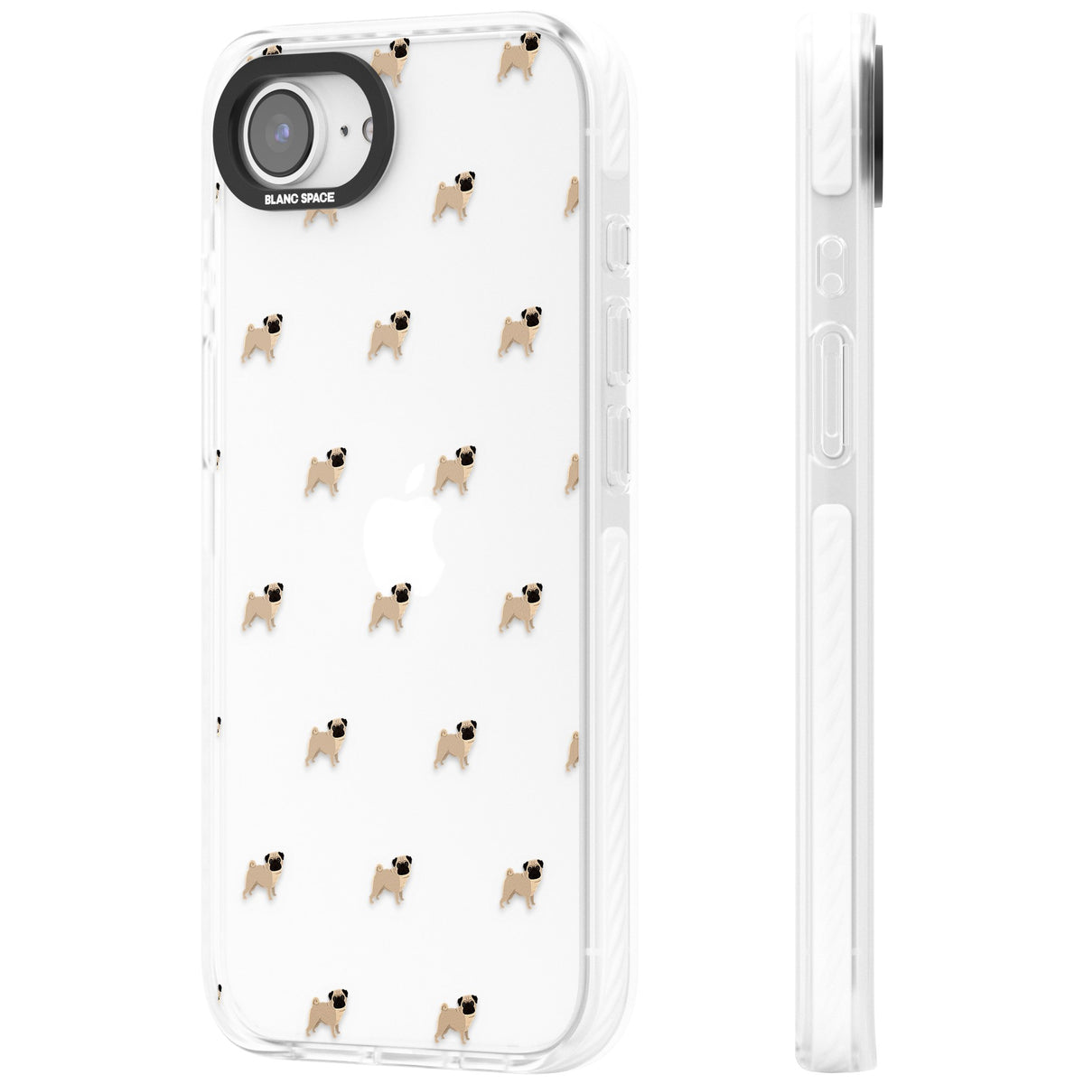Pug Pattern iPhone 16e / iPhone 17e Impact Clear Phone Case side
