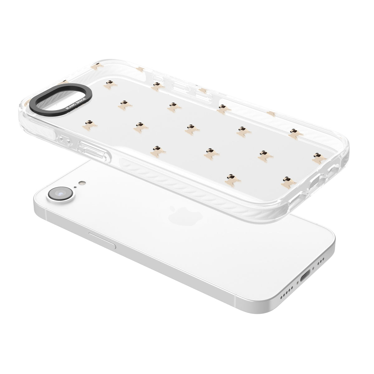 Pug Pattern iPhone 16e / iPhone 17e Impact Clear Phone Case angled