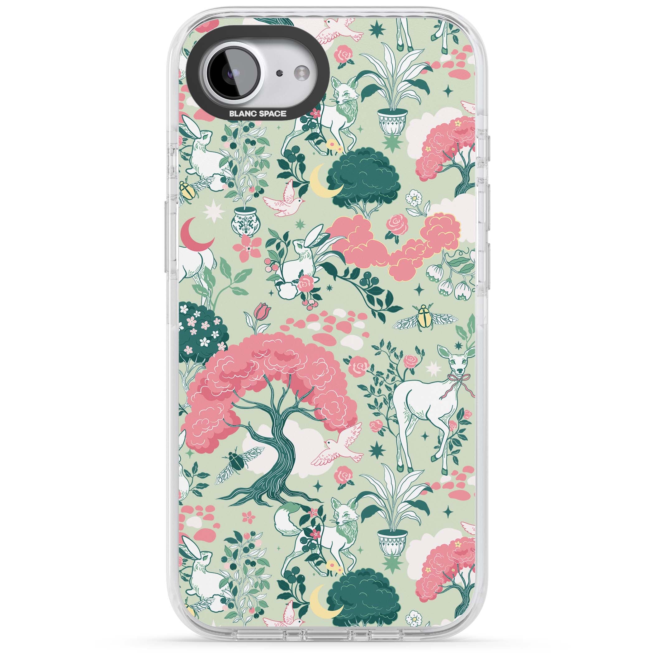 Enchanted Woodland cottagecore iPhone case featuring white deer, pink roses, mushrooms and woodland animals on sage green | Clear Impact case for iPhone 16e, iPhone 17e