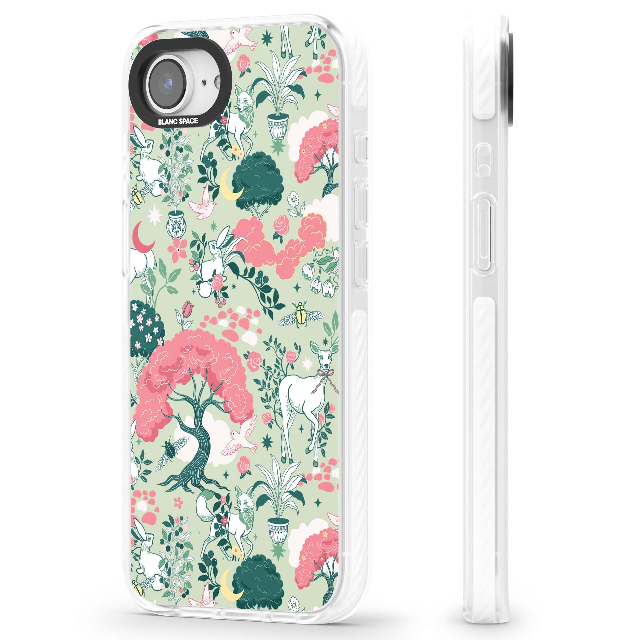 Enchanted Woodland cottagecore iPhone case featuring white deer, pink roses, mushrooms and woodland animals on sage green | Clear Impact case for iPhone 16e, iPhone 17e