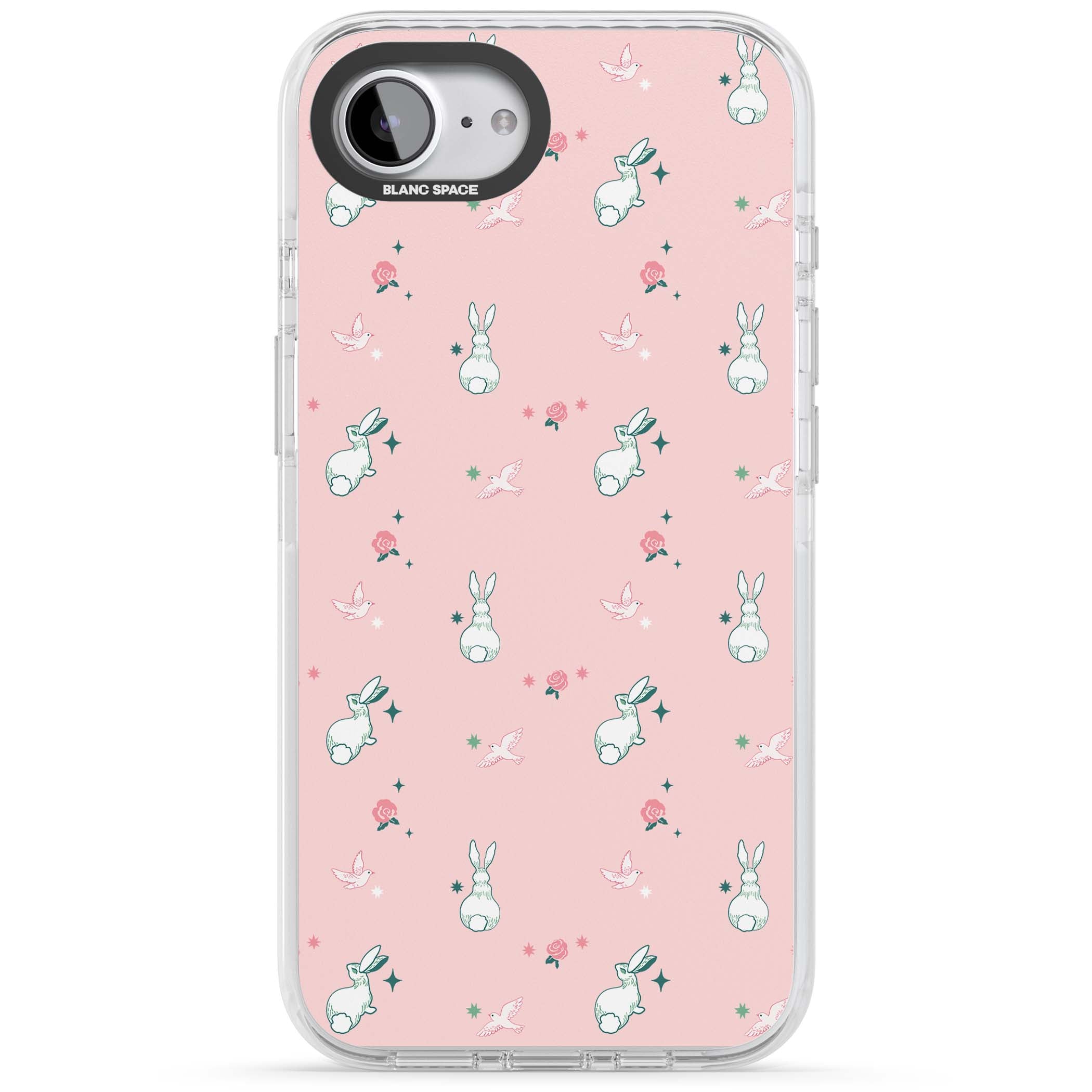 Bunny Garden kawaii iPhone case featuring white rabbits, pink roses, doves and stars on pink background | Clear Impact case for iPhone 16e, iPhone 17e