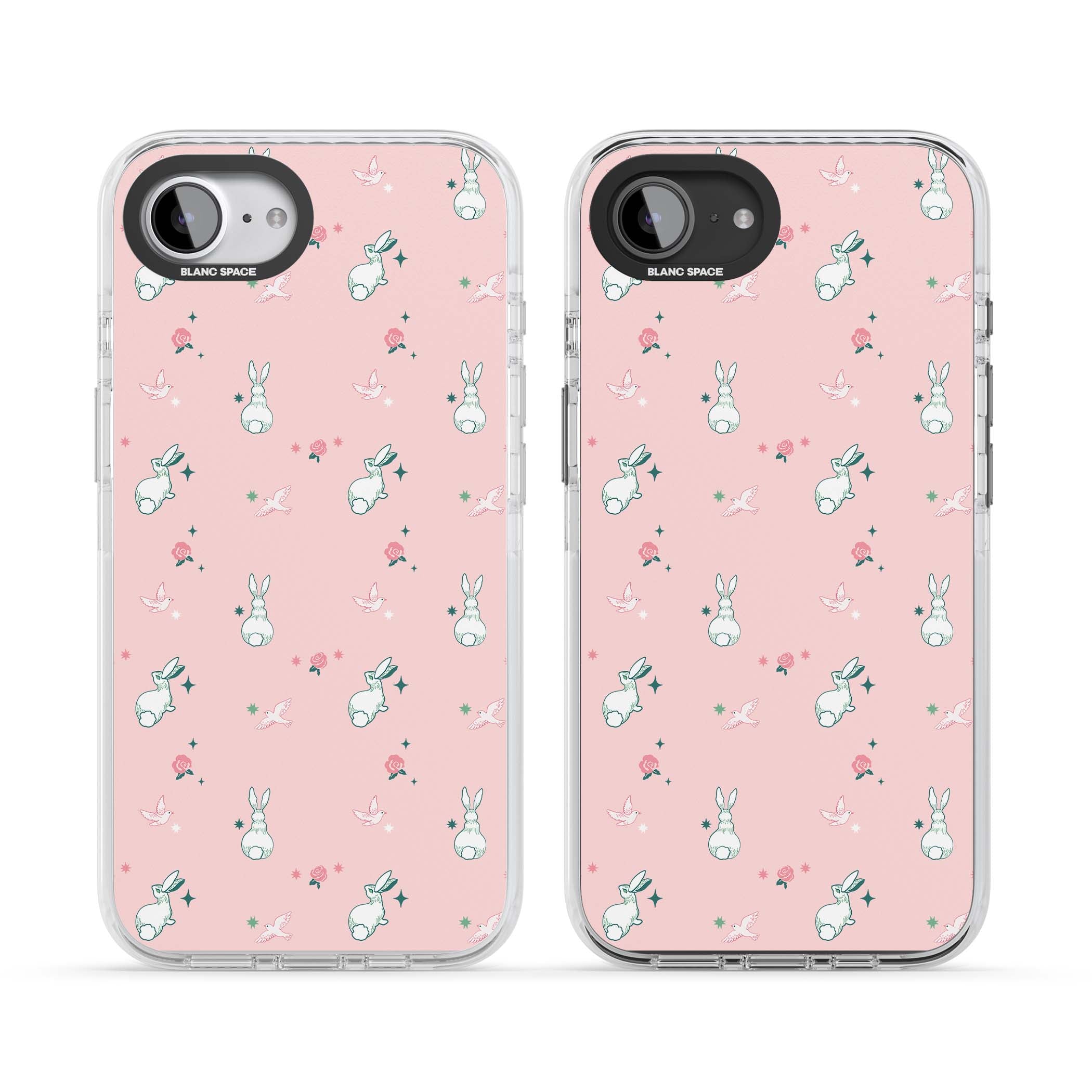 Bunny Garden kawaii iPhone case featuring white rabbits, pink roses, doves and stars on pink background | Clear Impact case for iPhone 16e, iPhone 17e
