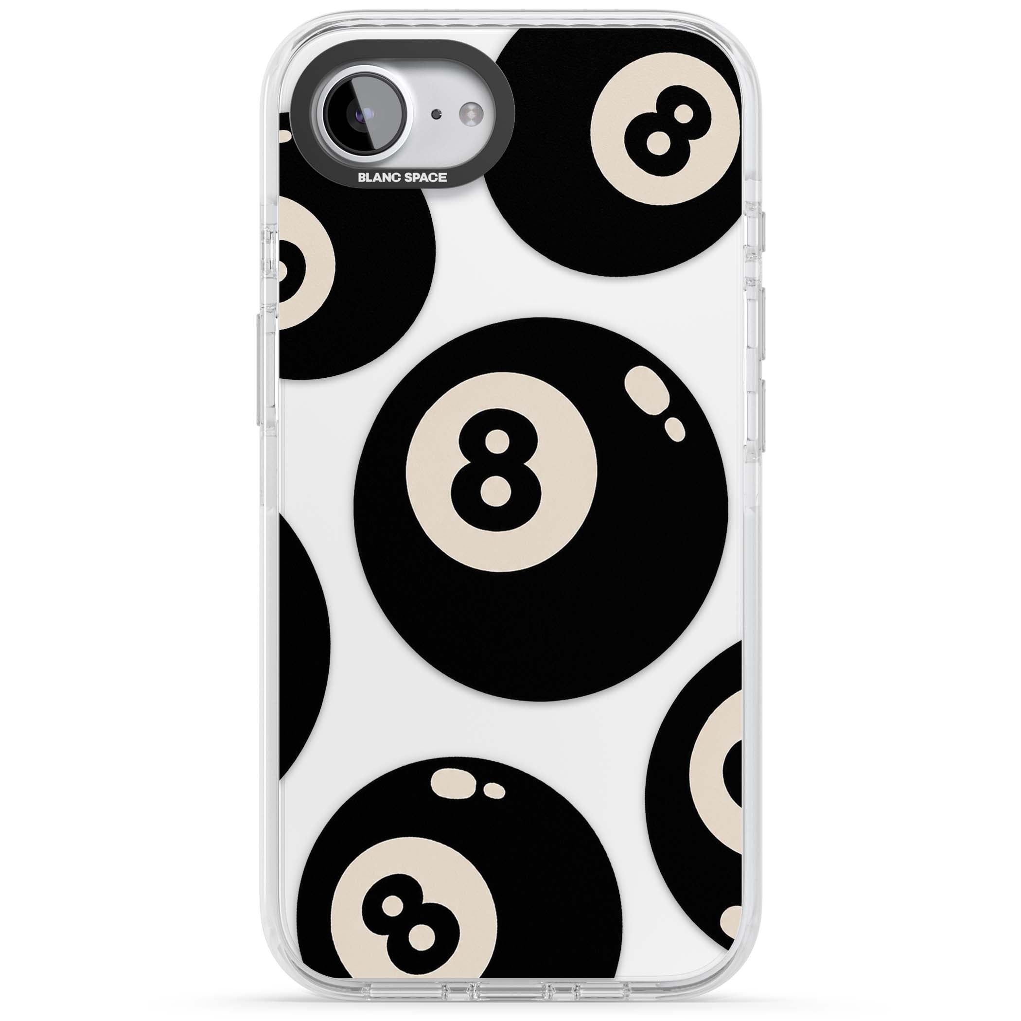 Eights y2k iPhone case featuring scattered black 8 balls with cream highlights on a clear background | Clear Impact case for iPhone 16e, iPhone 17e