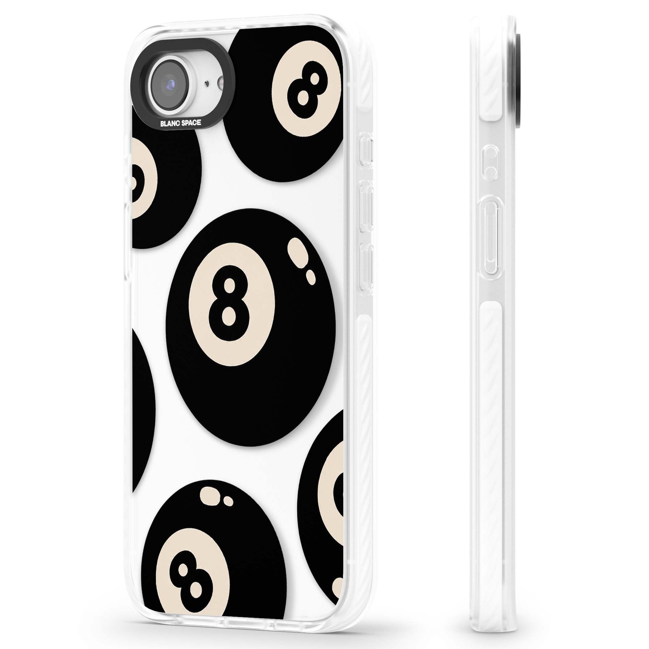 Eights y2k iPhone case featuring scattered black 8 balls with cream highlights on a clear background | Clear Impact case for iPhone 16e, iPhone 17e