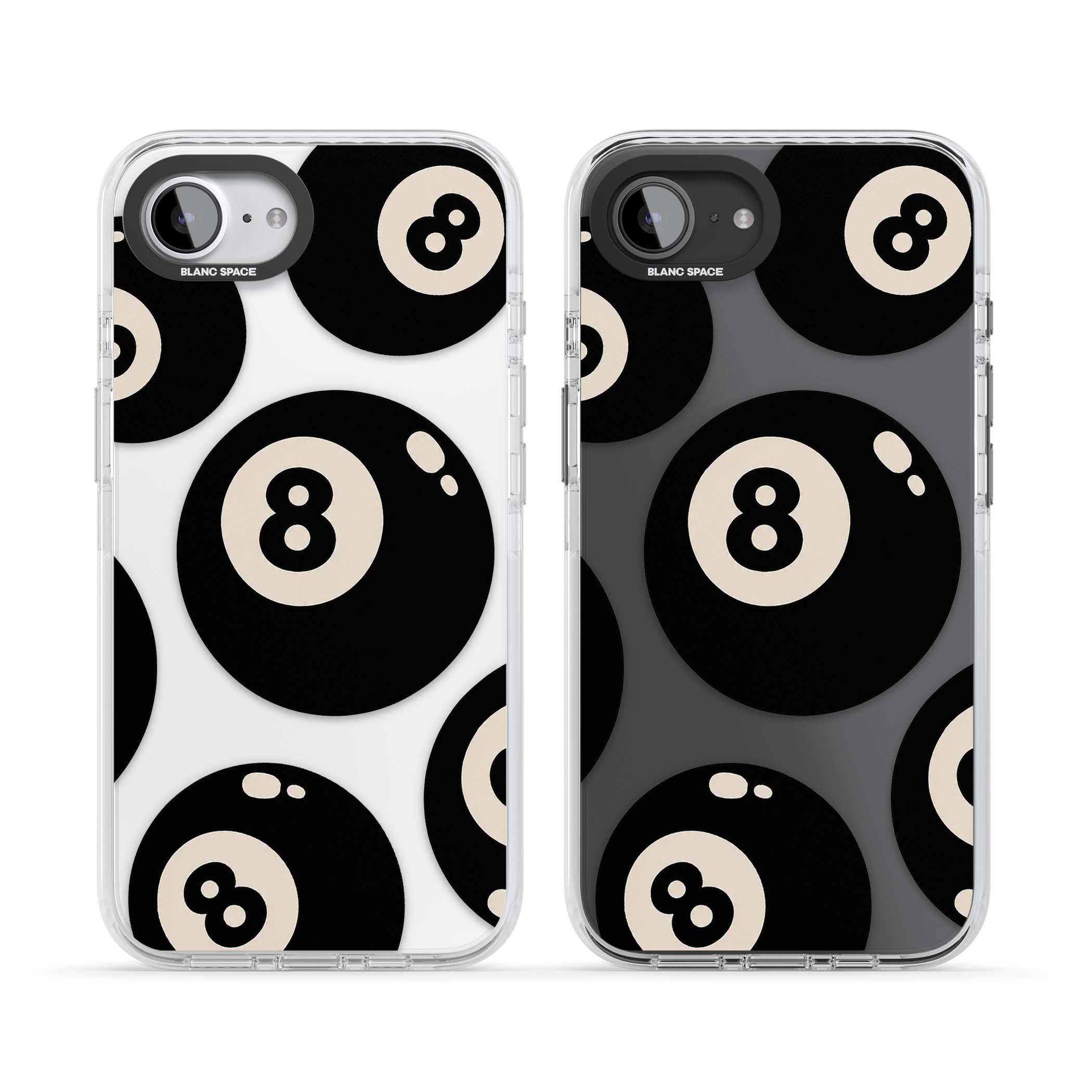 Eights y2k iPhone case featuring scattered black 8 balls with cream highlights on a clear background | Clear Impact case for iPhone 16e, iPhone 17e