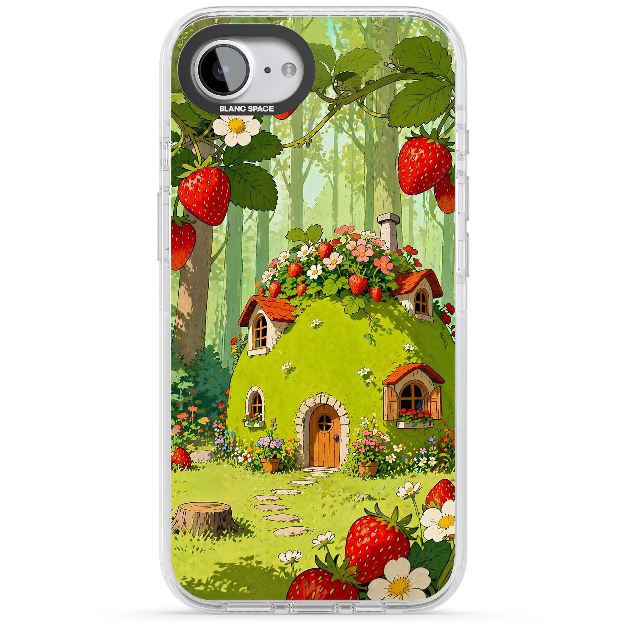 Strawberry Cottage cottagecore iPhone case featuring a green fairy house, wild strawberries and enchanted forest flowers | Clear Impact case for iPhone 16e, iPhone 17e