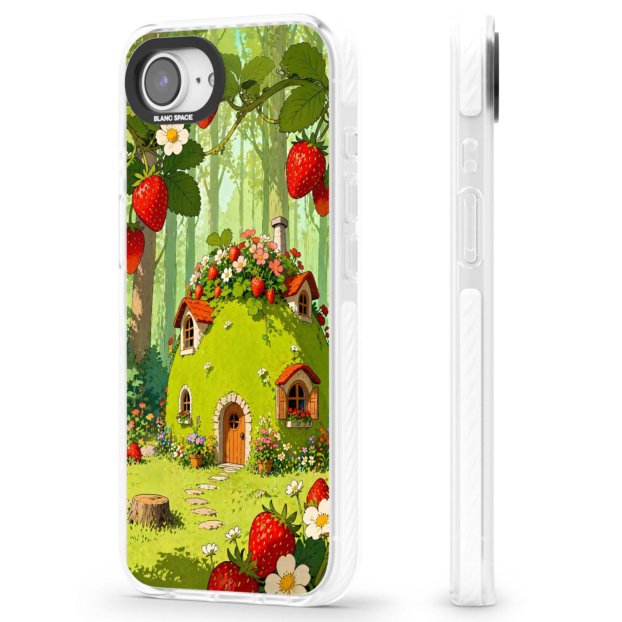 Strawberry Cottage cottagecore iPhone case featuring a green fairy house, wild strawberries and enchanted forest flowers | Clear Impact case for iPhone 16e, iPhone 17e
