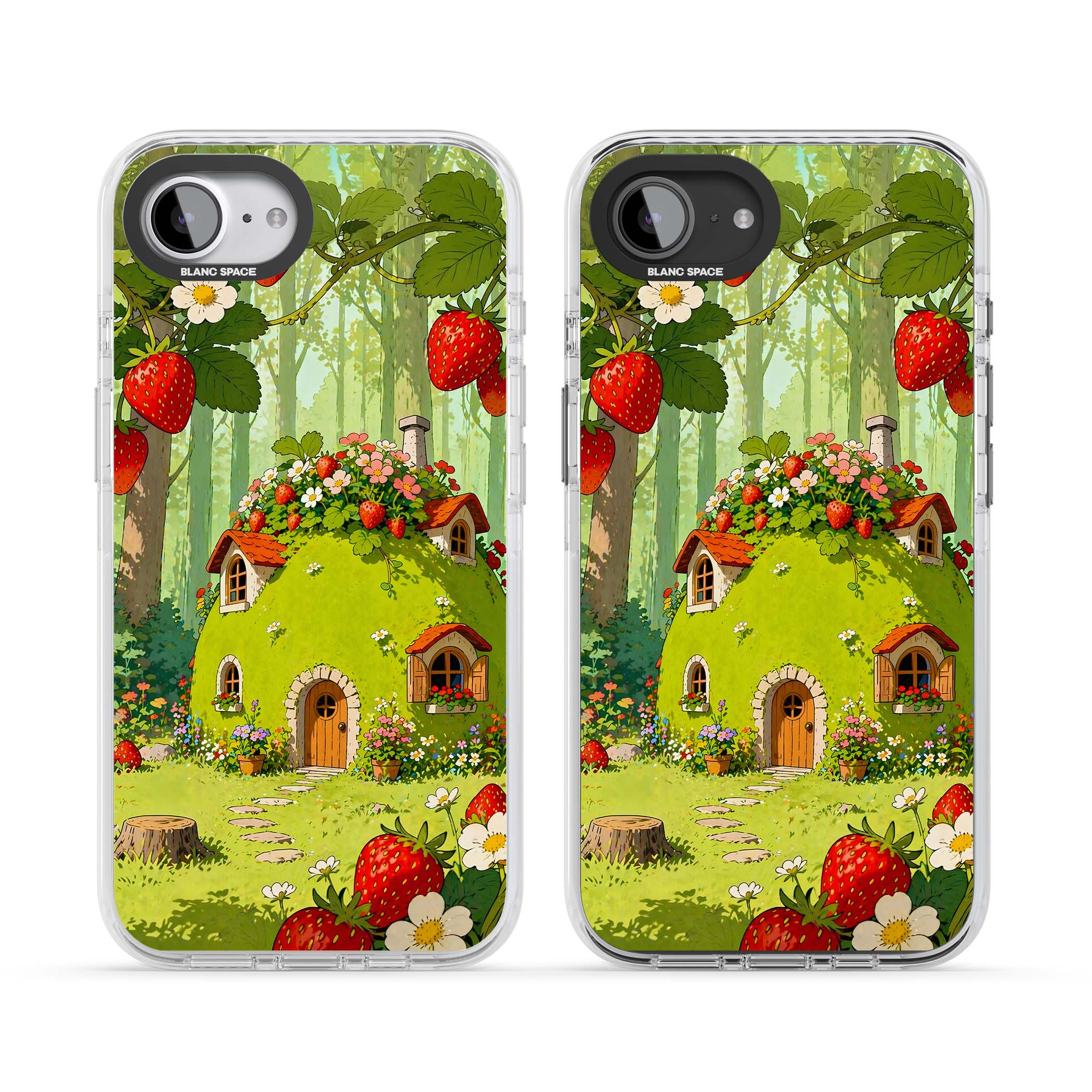 Strawberry Cottage cottagecore iPhone case featuring a green fairy house, wild strawberries and enchanted forest flowers | Clear Impact case for iPhone 16e, iPhone 17e