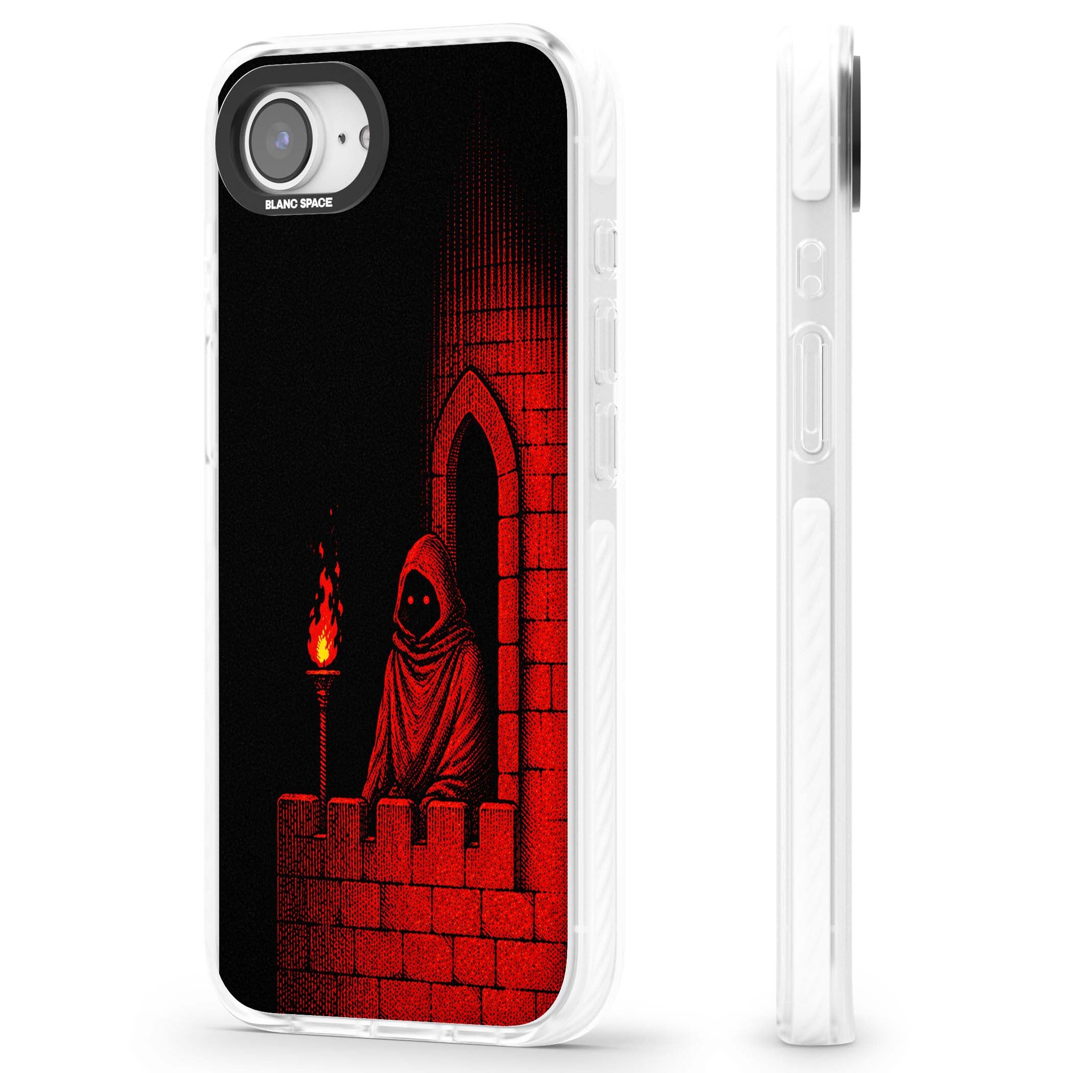 Crimson Crypt gothic iPhone case featuring a hooded reaper, torchlit crypt archway and red halftone horror art | Clear Impact case for iPhone 16e, iPhone 17e