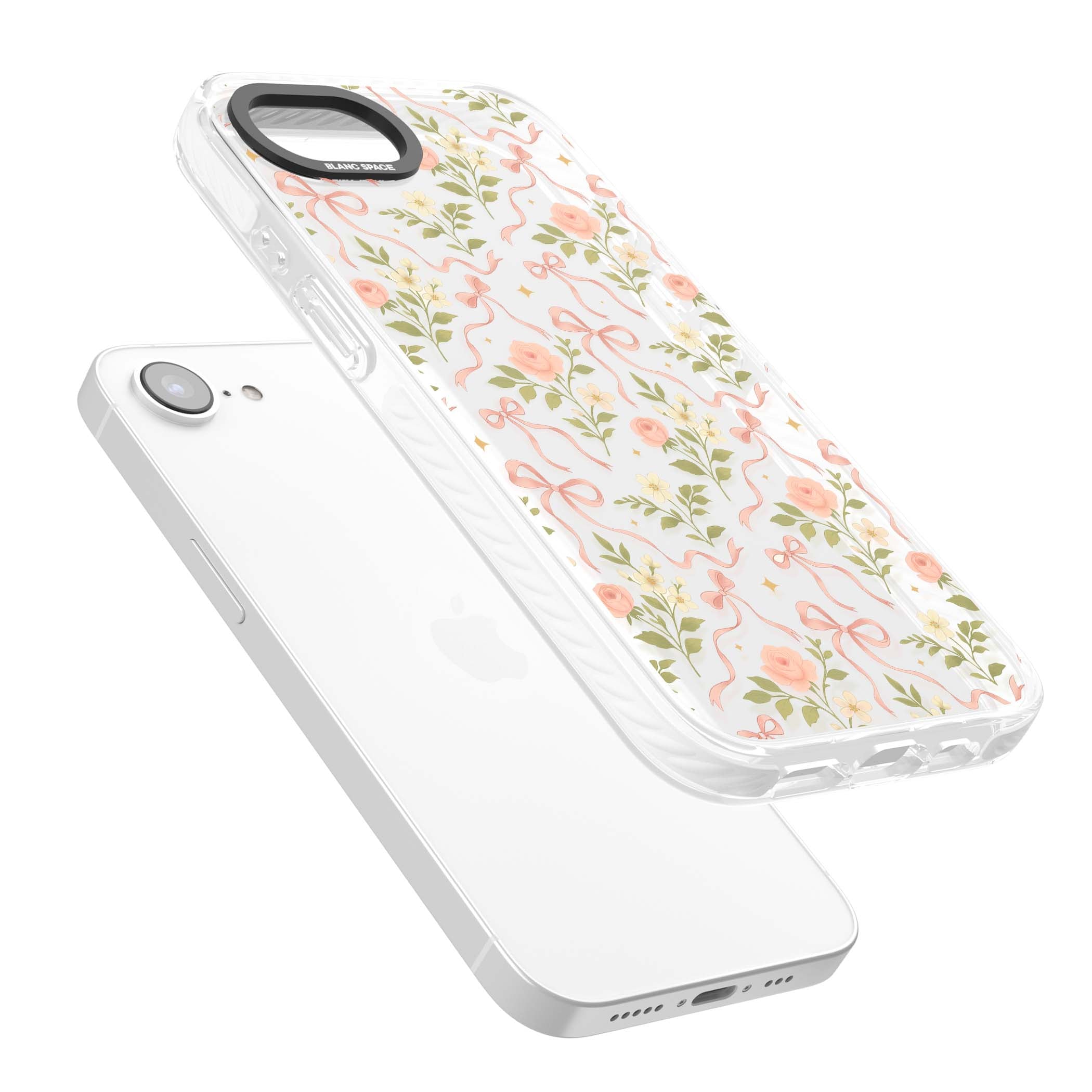 Ribbon Garden coquette iPhone case featuring pink bows, peach roses and wildflowers on white background | Clear Impact case for iPhone 16e, iPhone 17e
