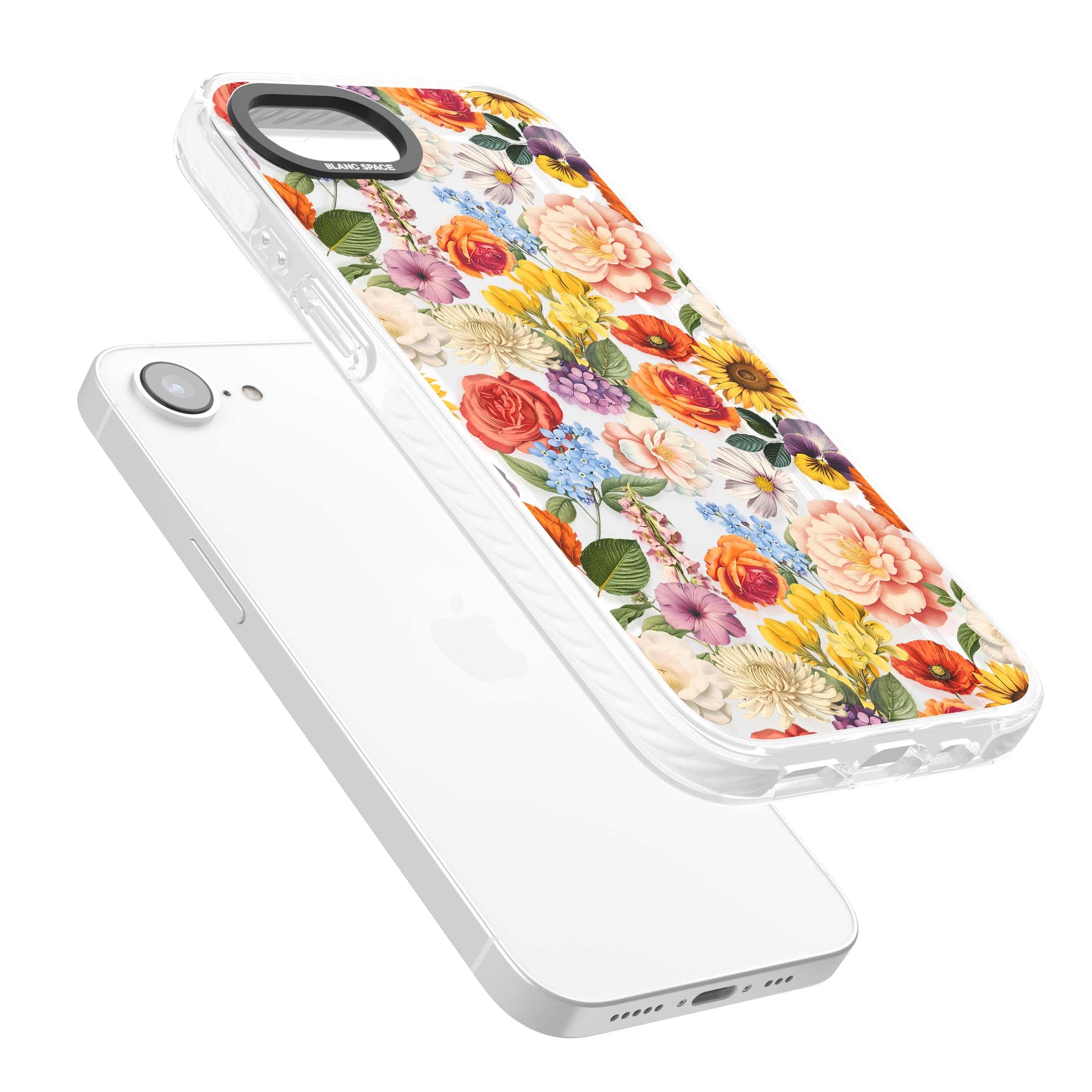 Bloom Basket floral iPhone case featuring cottage garden flowers including peonies, sunflowers, and wildflowers in pastel col | Clear Impact case for iPhone 16e, iPhone 17e