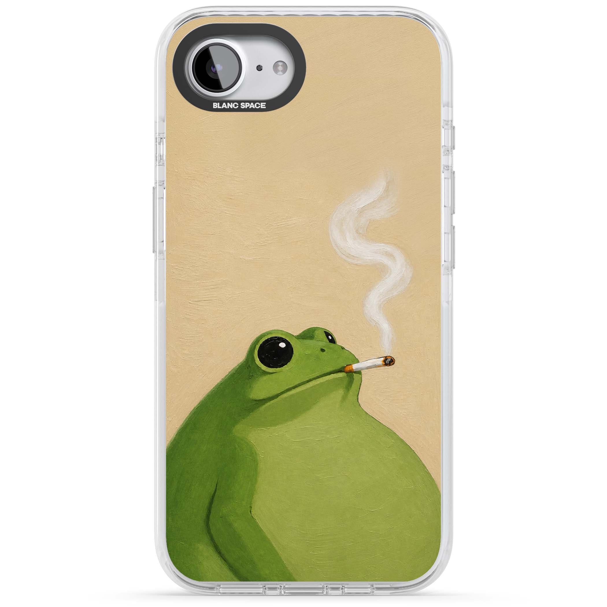 The Smoking Frog cottagecore iPhone case featuring a hand-painted green frog smoking a cigarette on a cream oil painting back | Clear Impact case for iPhone 16e, iPhone 17e