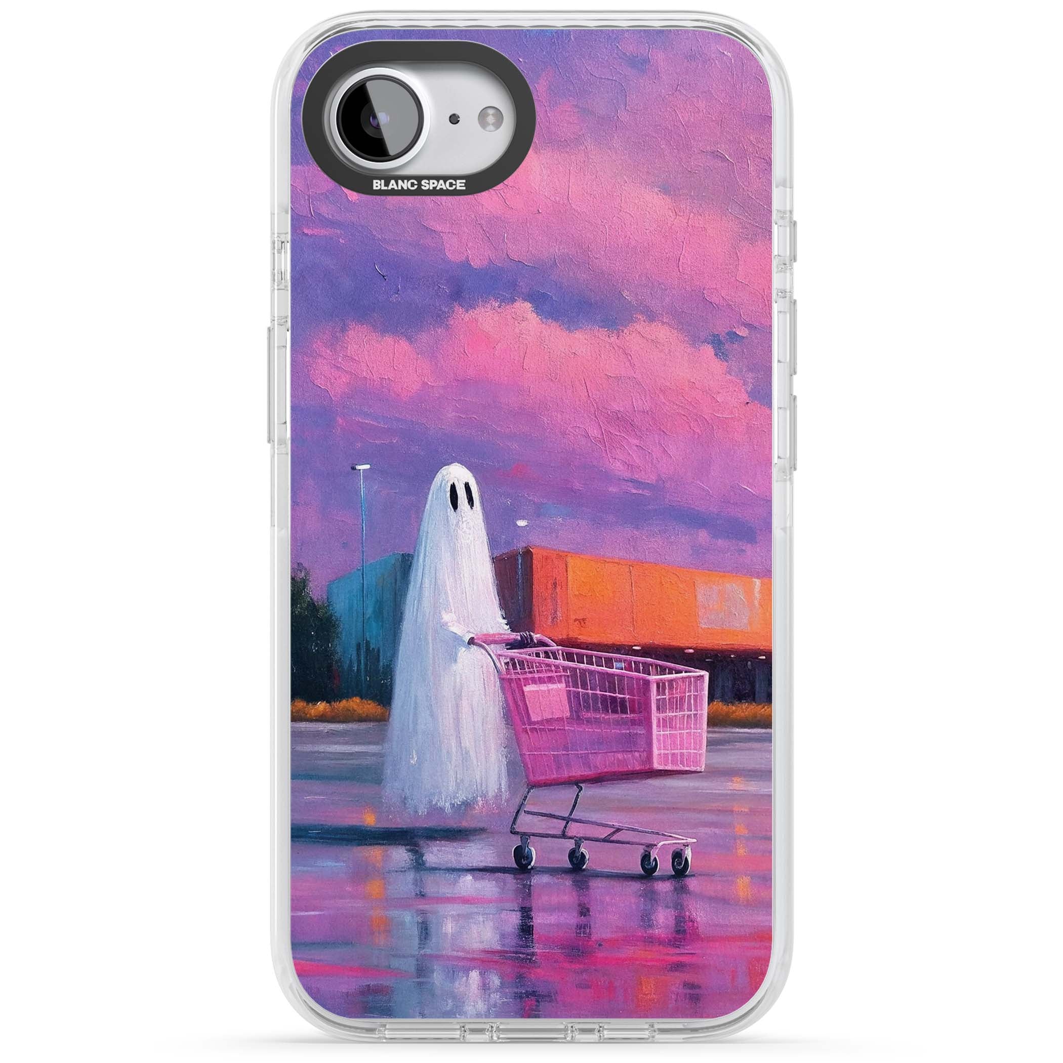 A Ghost's Errand ghost halloween iPhone case featuring a painted ghost, pink shopping trolley and purple sunset sky | Clear Impact case for iPhone 16e, iPhone 17e