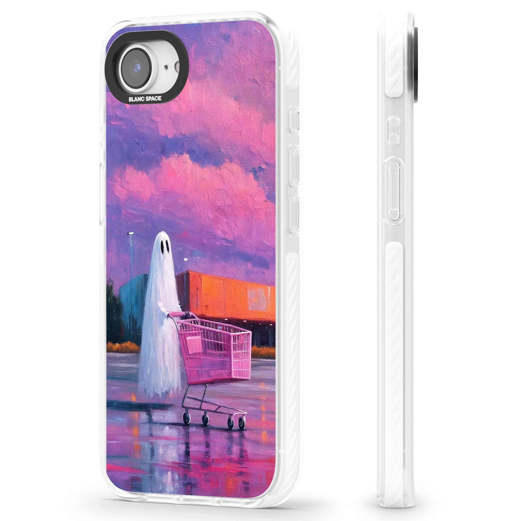 A Ghost's Errand ghost halloween iPhone case featuring a painted ghost, pink shopping trolley and purple sunset sky | Clear Impact case for iPhone 16e, iPhone 17e
