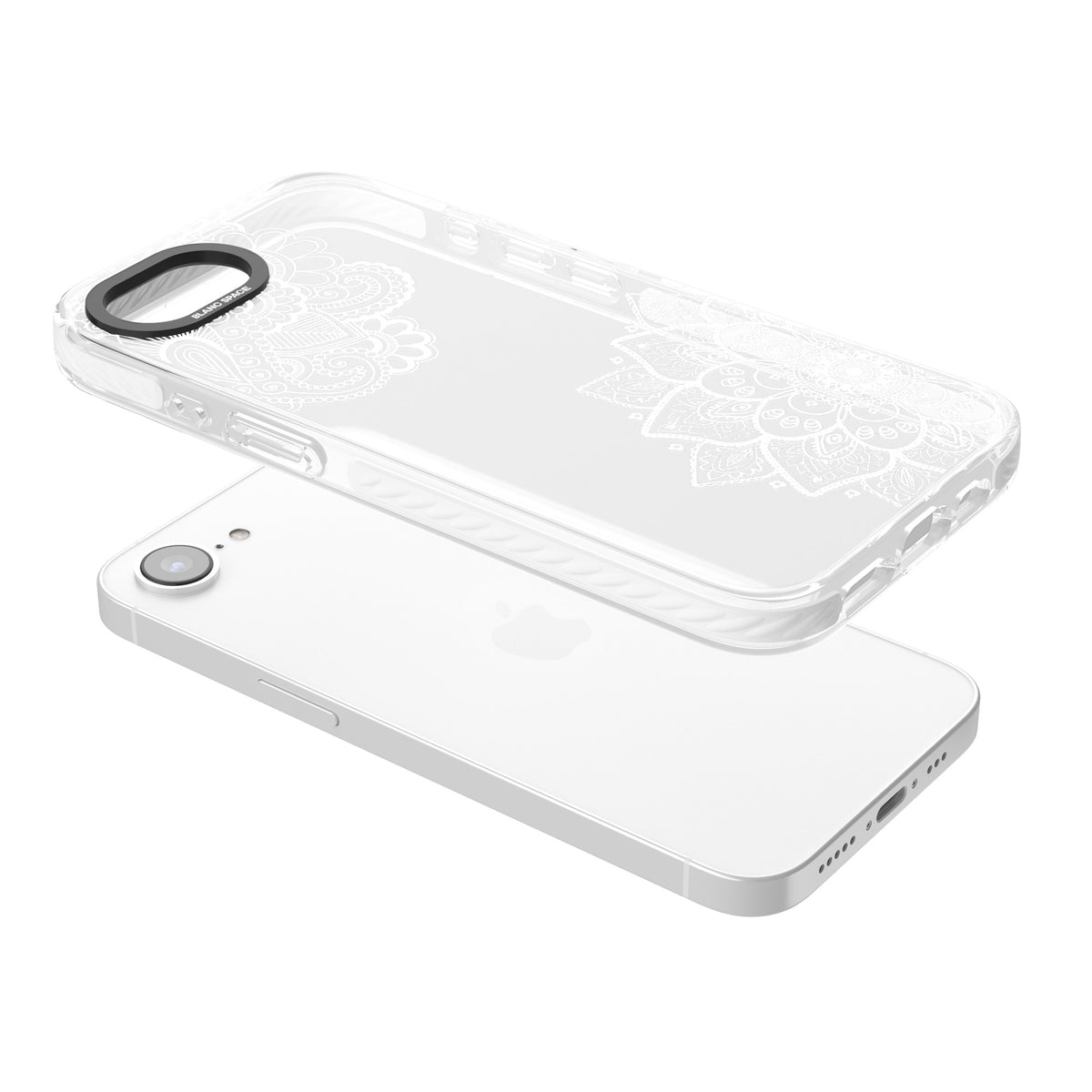 White Henna Florals iPhone 16e / iPhone 17e Impact Clear Phone Case angled