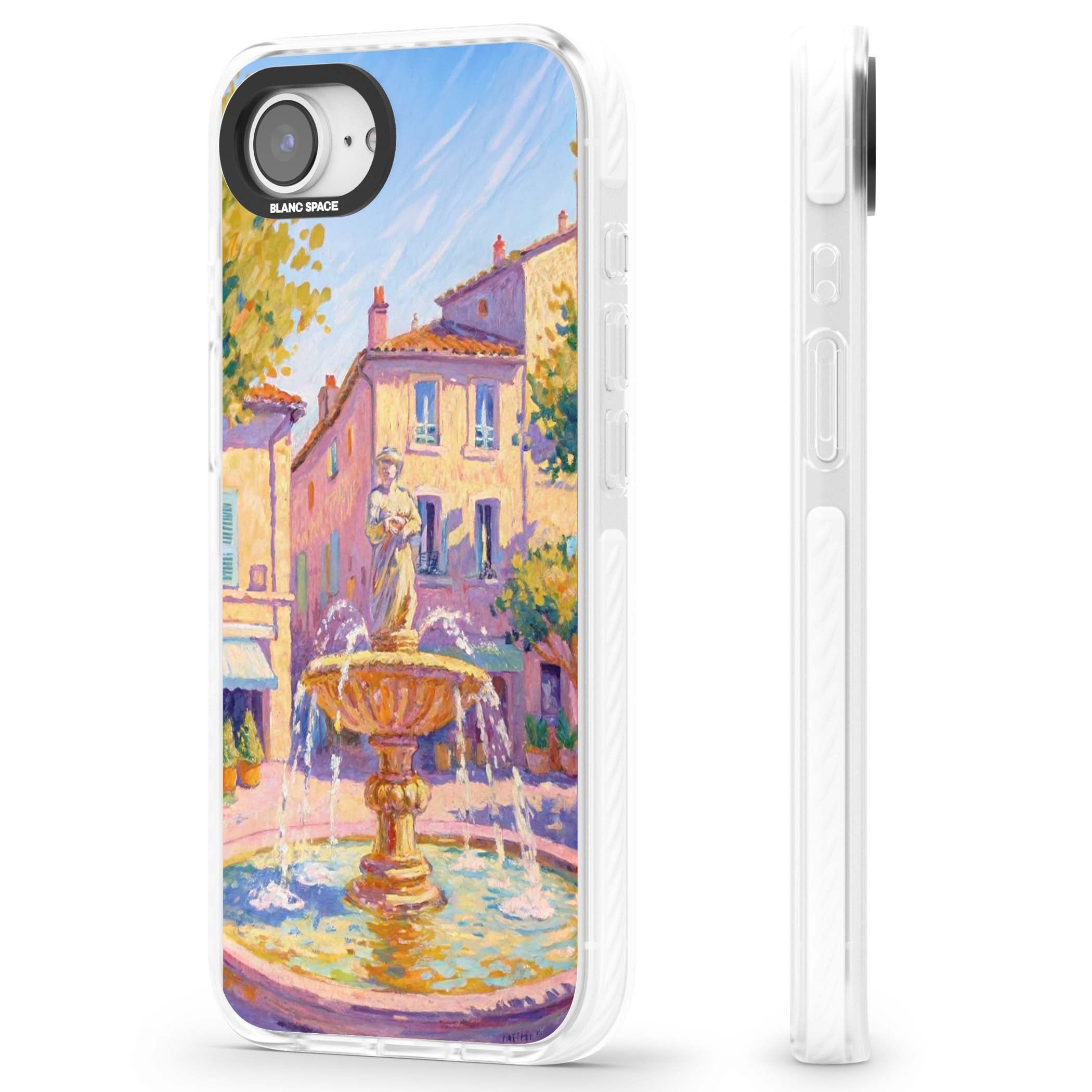 Fountain Square fine art iPhone case featuring an impressionist Provençal fountain, pastel village buildings and summe | Clear Impact case for iPhone 16e, iPhone 17e