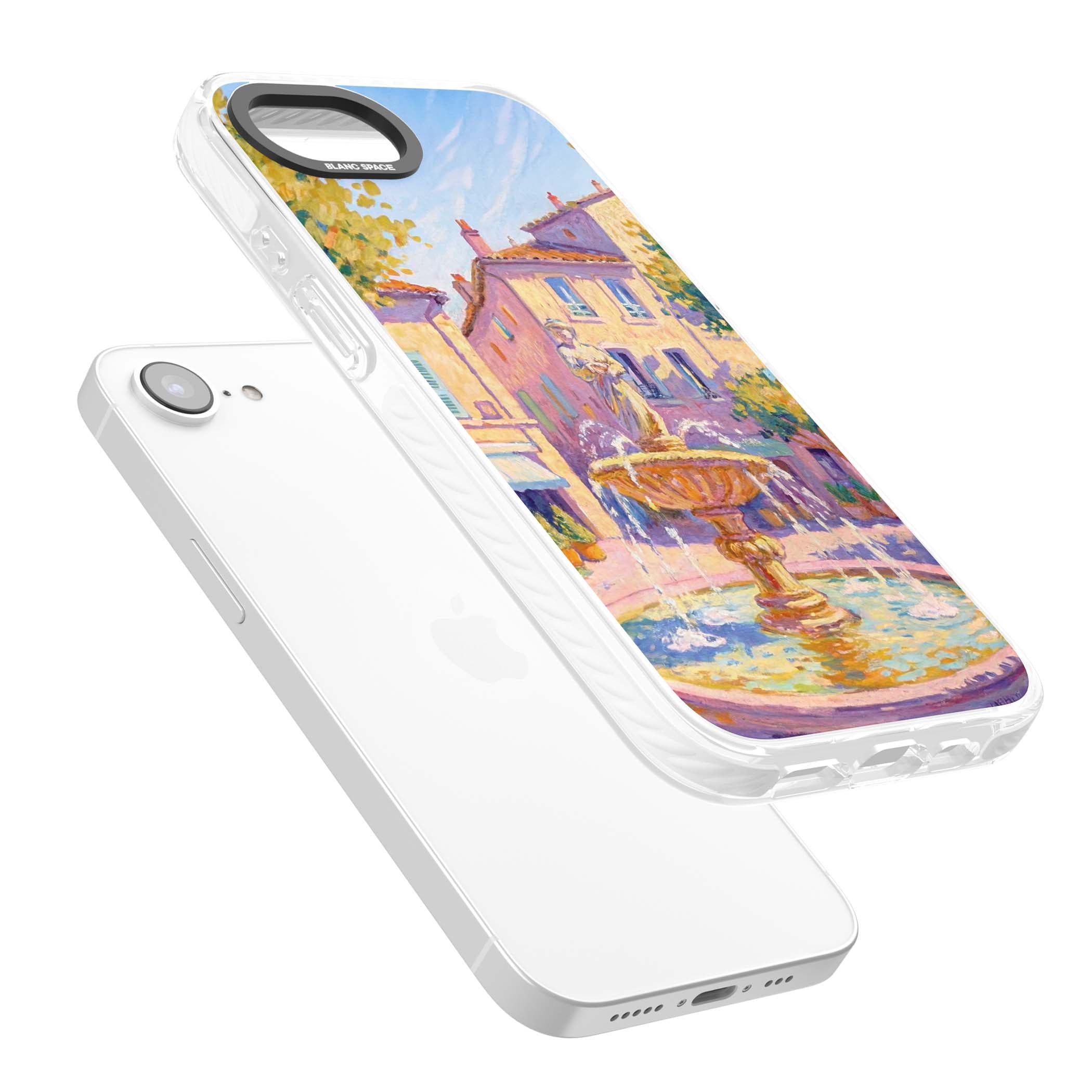 Fountain Square fine art iPhone case featuring an impressionist Provençal fountain, pastel village buildings and summe | Clear Impact case for iPhone 16e, iPhone 17e