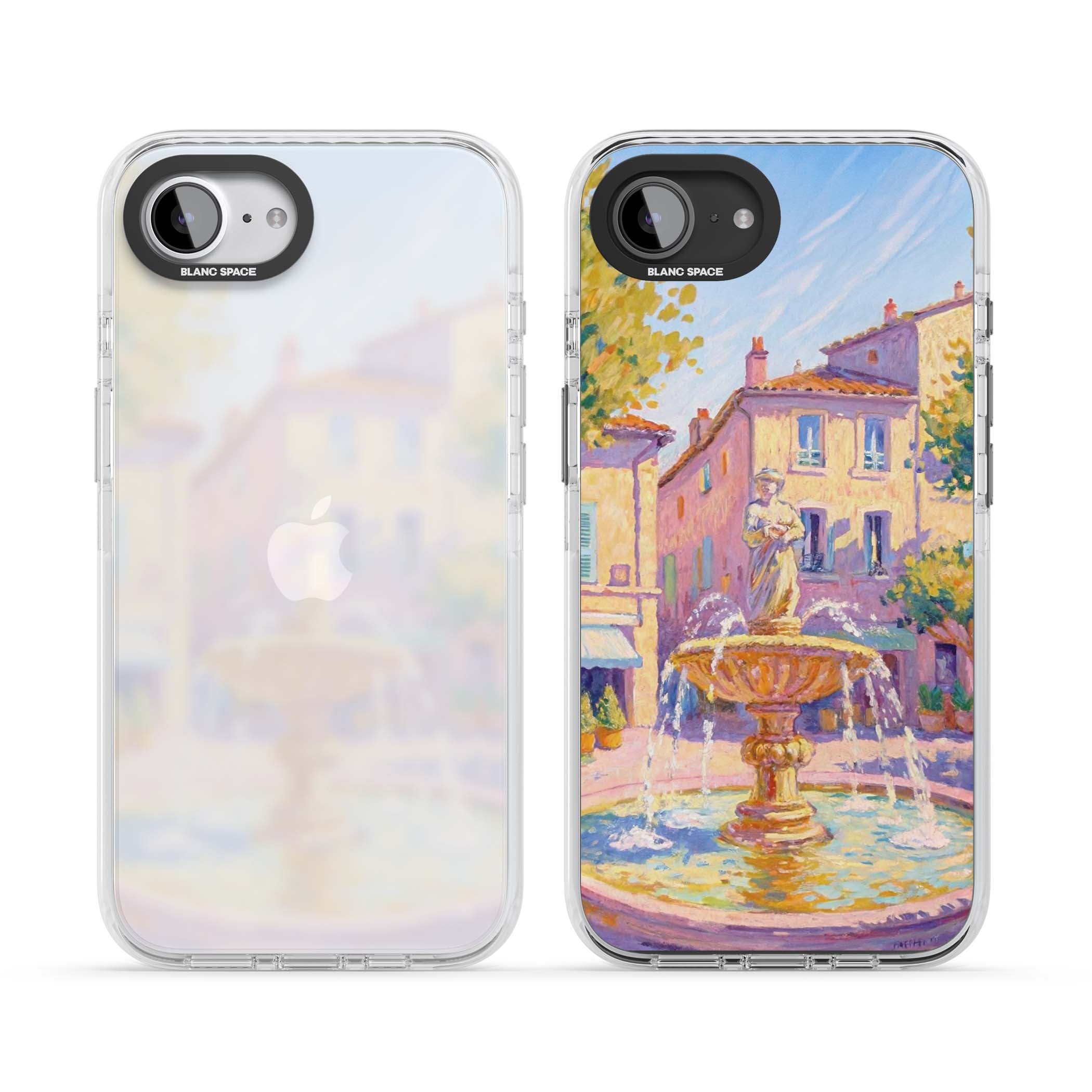 Fountain Square fine art iPhone case featuring an impressionist Provençal fountain, pastel village buildings and summe | Clear Impact case for iPhone 16e, iPhone 17e