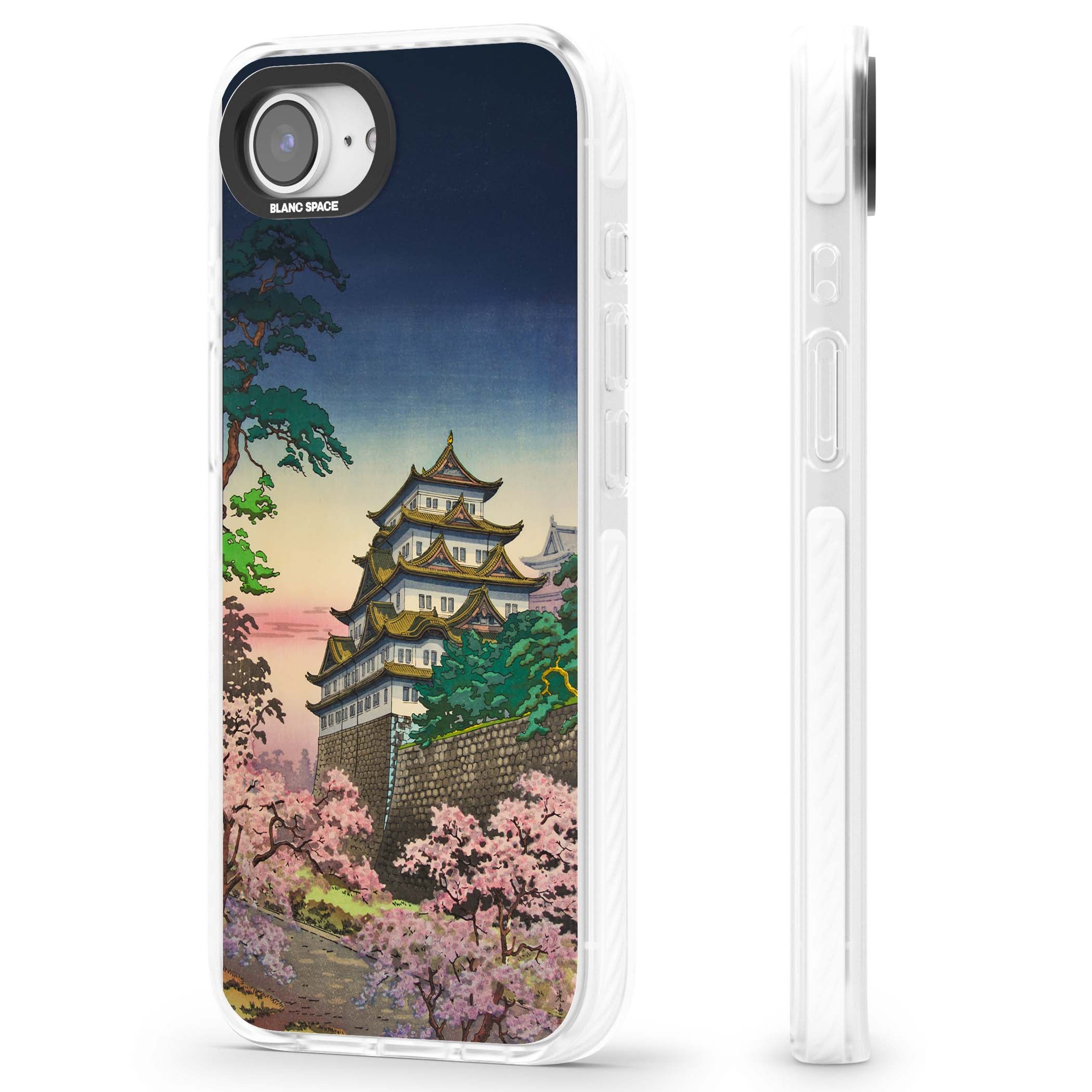 Nagoya Castle Japanese iPhone case featuring a vintage pagoda, twilight sky and cherry blossom trees | Clear Impact case for iPhone 16e, iPhone 17e