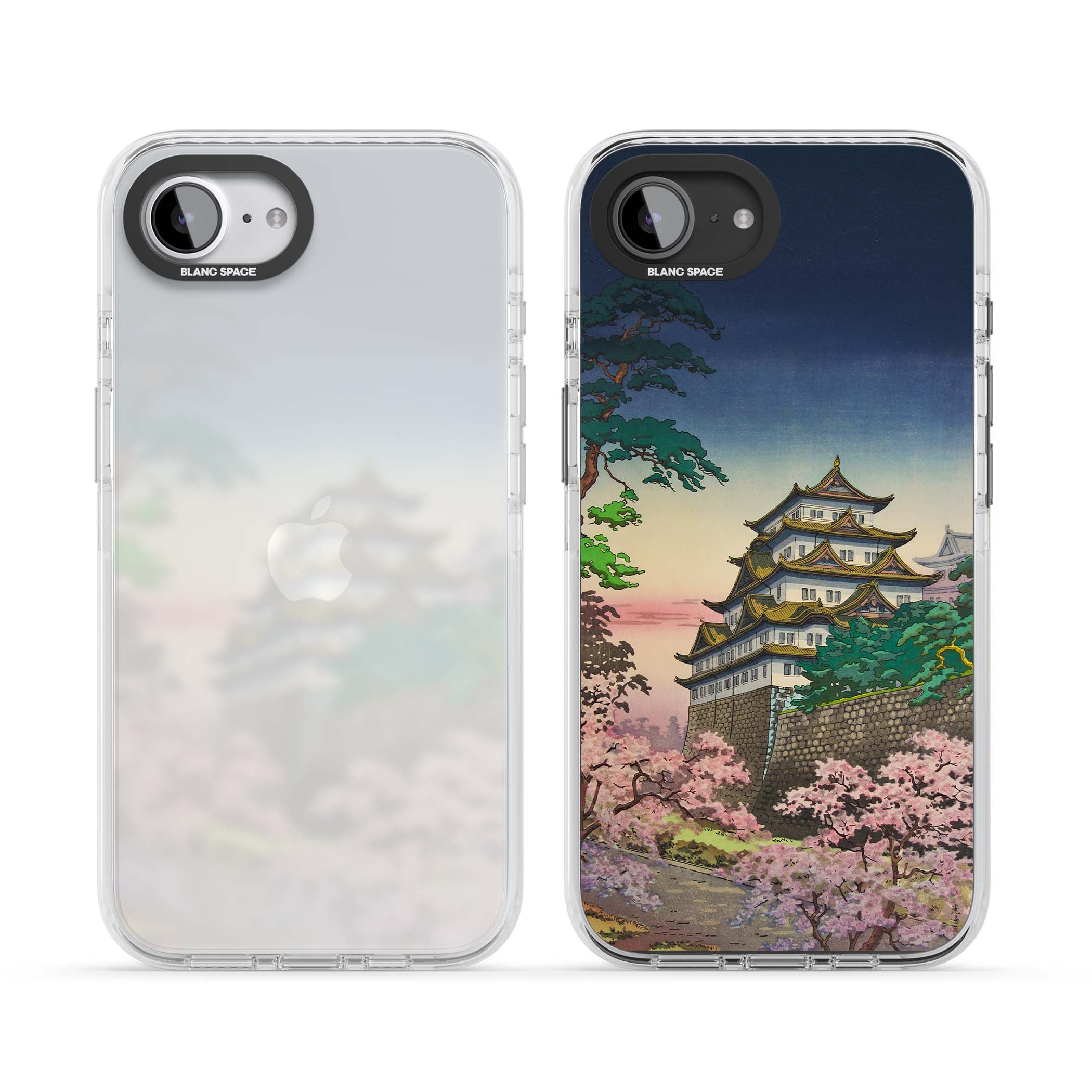 Nagoya Castle Japanese iPhone case featuring a vintage pagoda, twilight sky and cherry blossom trees | Clear Impact case for iPhone 16e, iPhone 17e