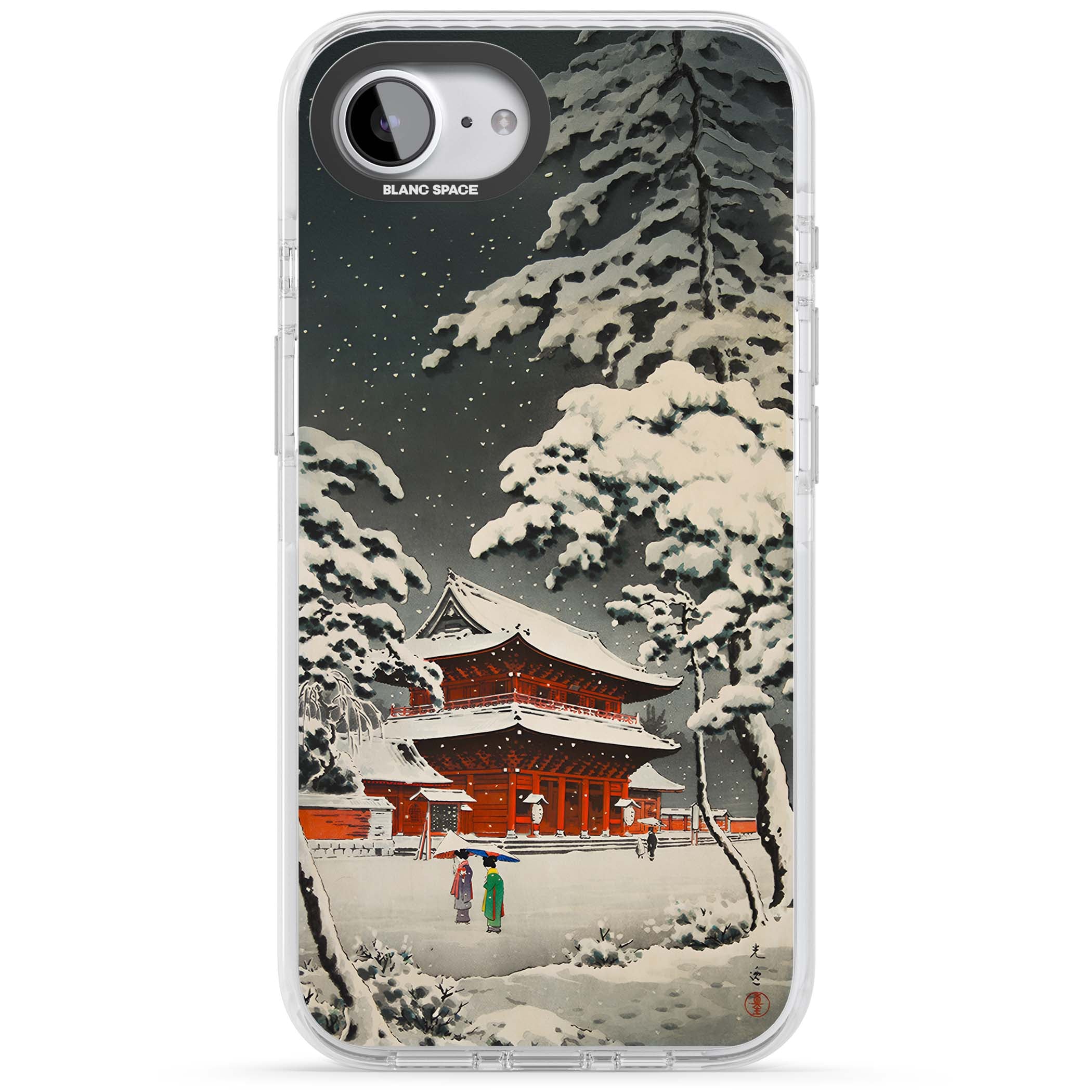 Snow at Shiha Park, Tokyo Japanese art iPhone case featuring a vintage ukiyo-e snowy temple, red pagoda, and snow-covered pin | Clear Impact case for iPhone 16e, iPhone 17e