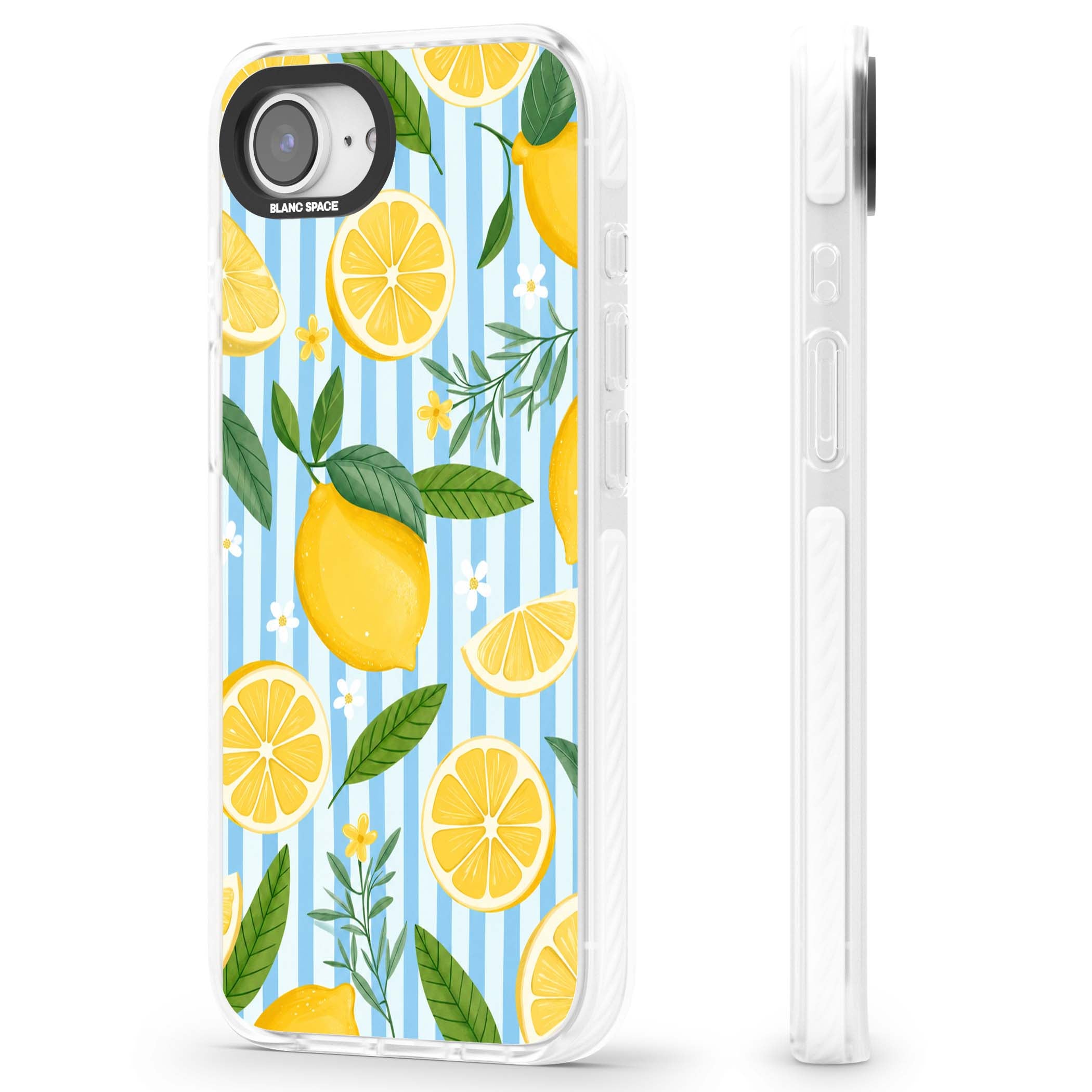 Capri Citrus Stripe coastal iPhone case featuring yellow lemons, blue stripes, and white daisy blossoms | Clear Impact case for iPhone 16e, iPhone 17e