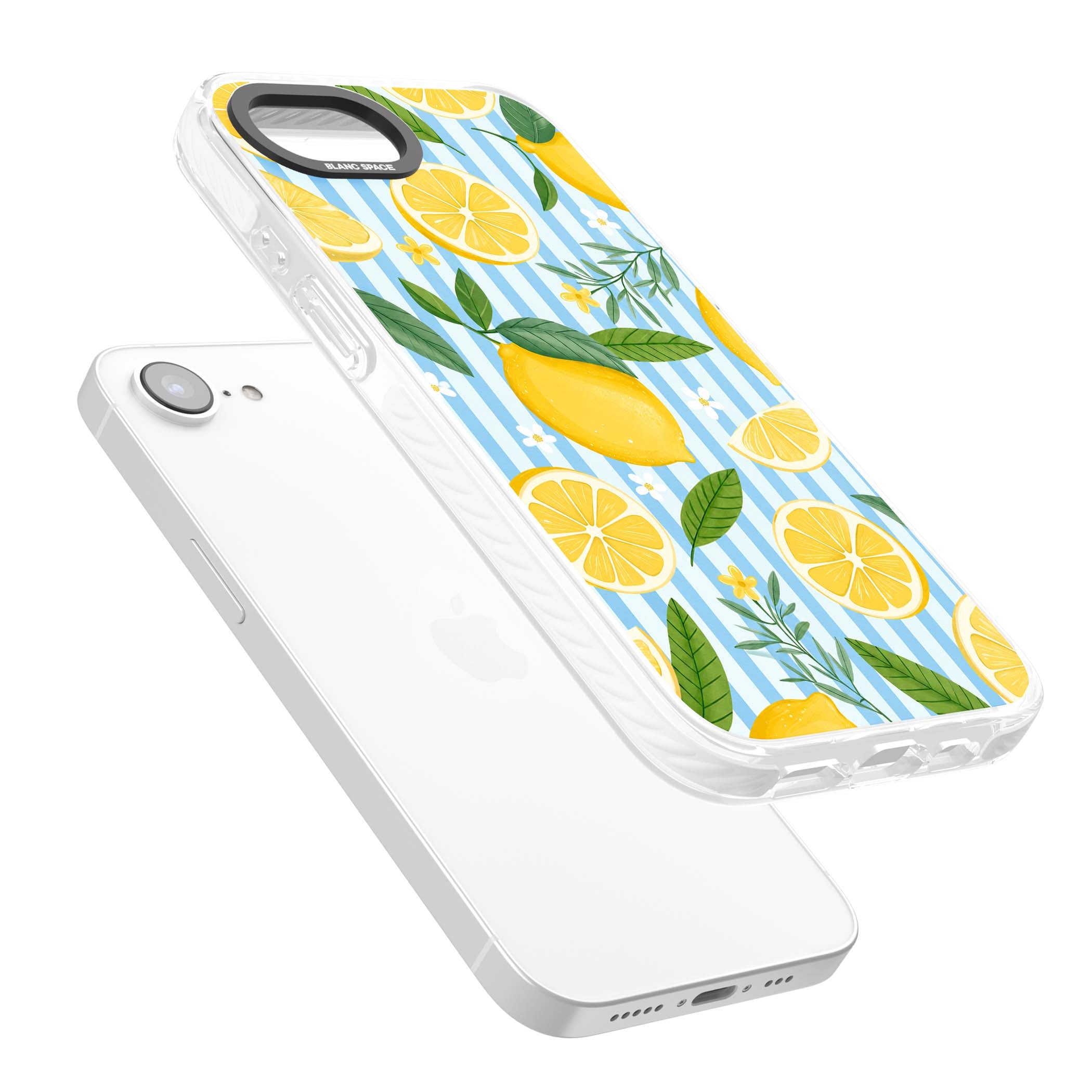 Capri Citrus Stripe coastal iPhone case featuring yellow lemons, blue stripes, and white daisy blossoms | Clear Impact case for iPhone 16e, iPhone 17e