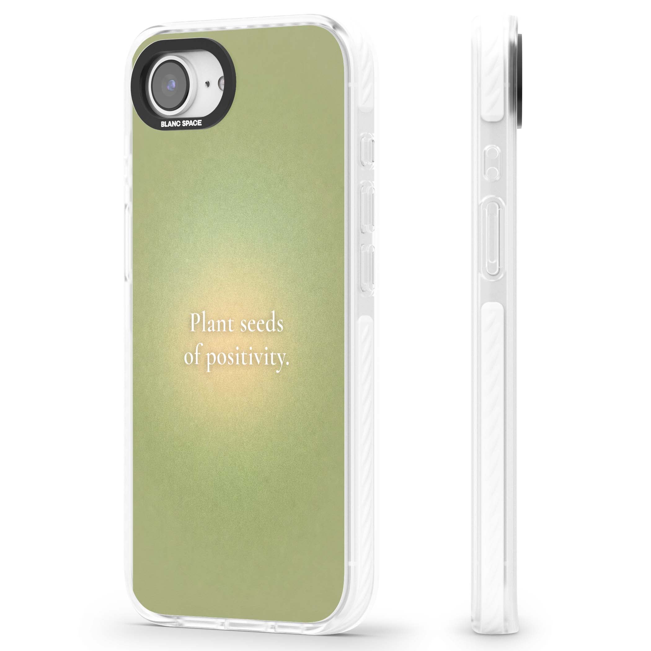 Seeds of Positivity quote iPhone case featuring a sage green aura gradient and golden glow affirmation | Impact Magsafe case for iPhone 16e, iPhone 17e