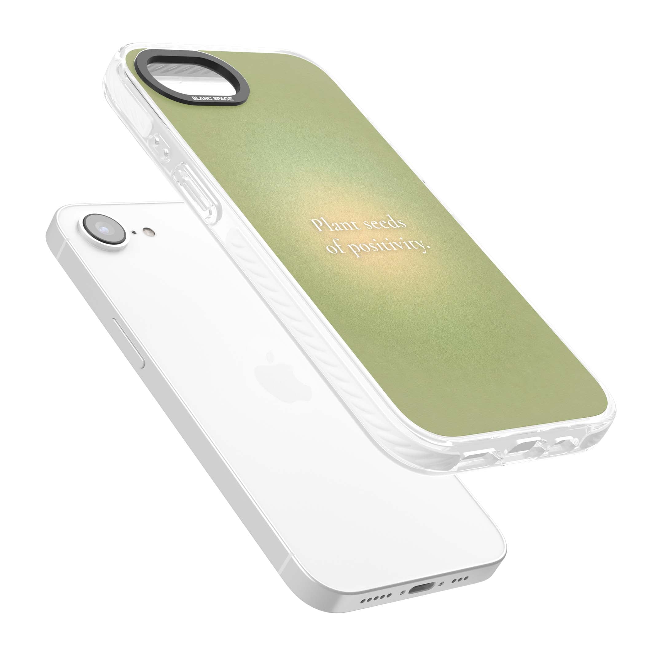 Seeds of Positivity quote iPhone case featuring a sage green aura gradient and golden glow affirmation | Impact Magsafe case for iPhone 16e, iPhone 17e