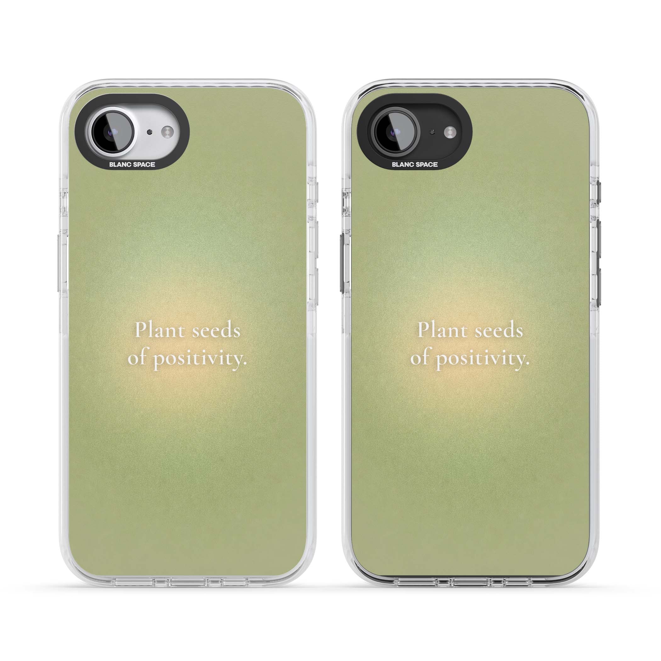 Seeds of Positivity quote iPhone case featuring a sage green aura gradient and golden glow affirmation | Impact Magsafe case for iPhone 16e, iPhone 17e
