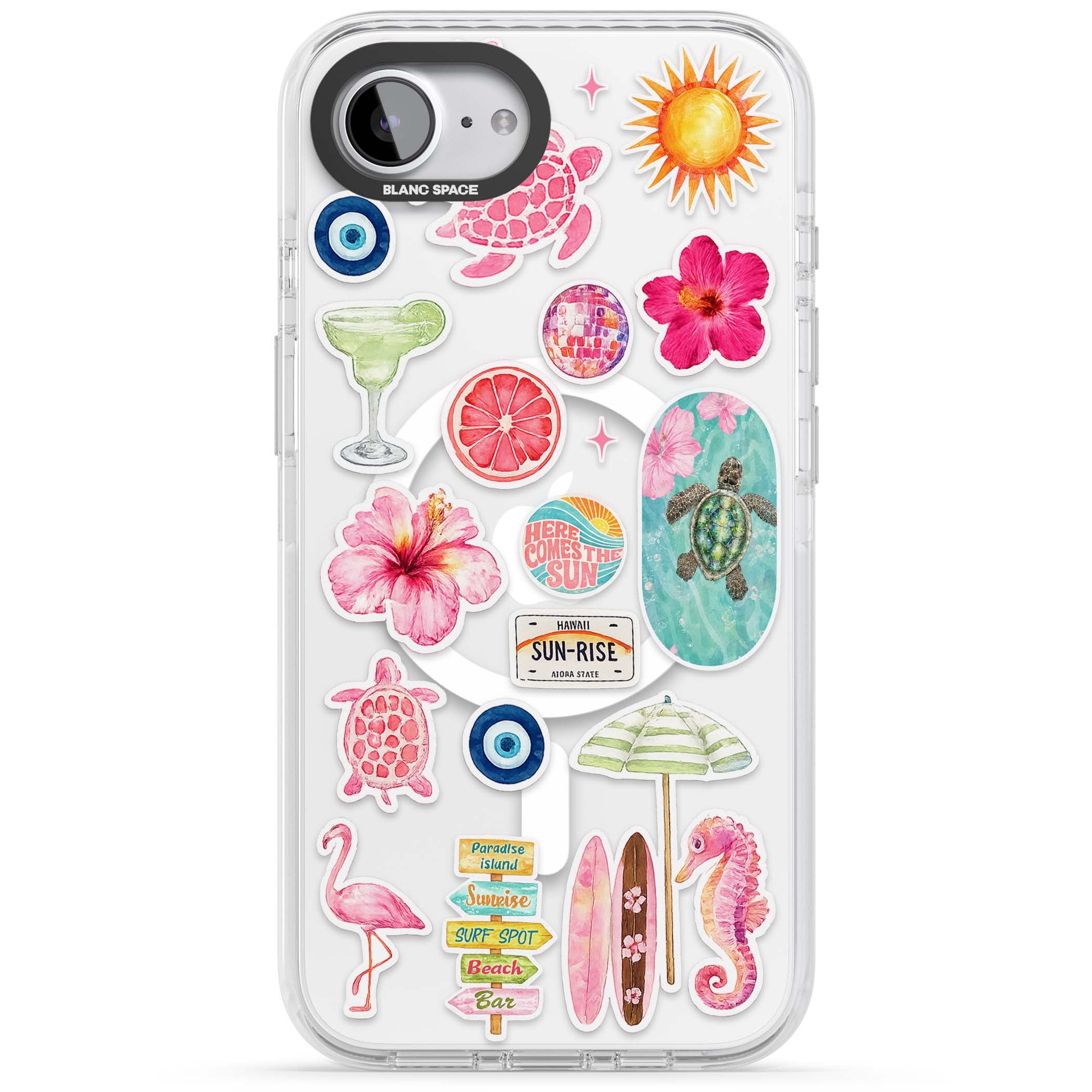 Aloha Sticker Mix tropical summer iPhone case featuring pink hibiscus, sea turtles, flamingo and beach umbrella stickers | Impact Magsafe case for iPhone 16e, iPhone 17e