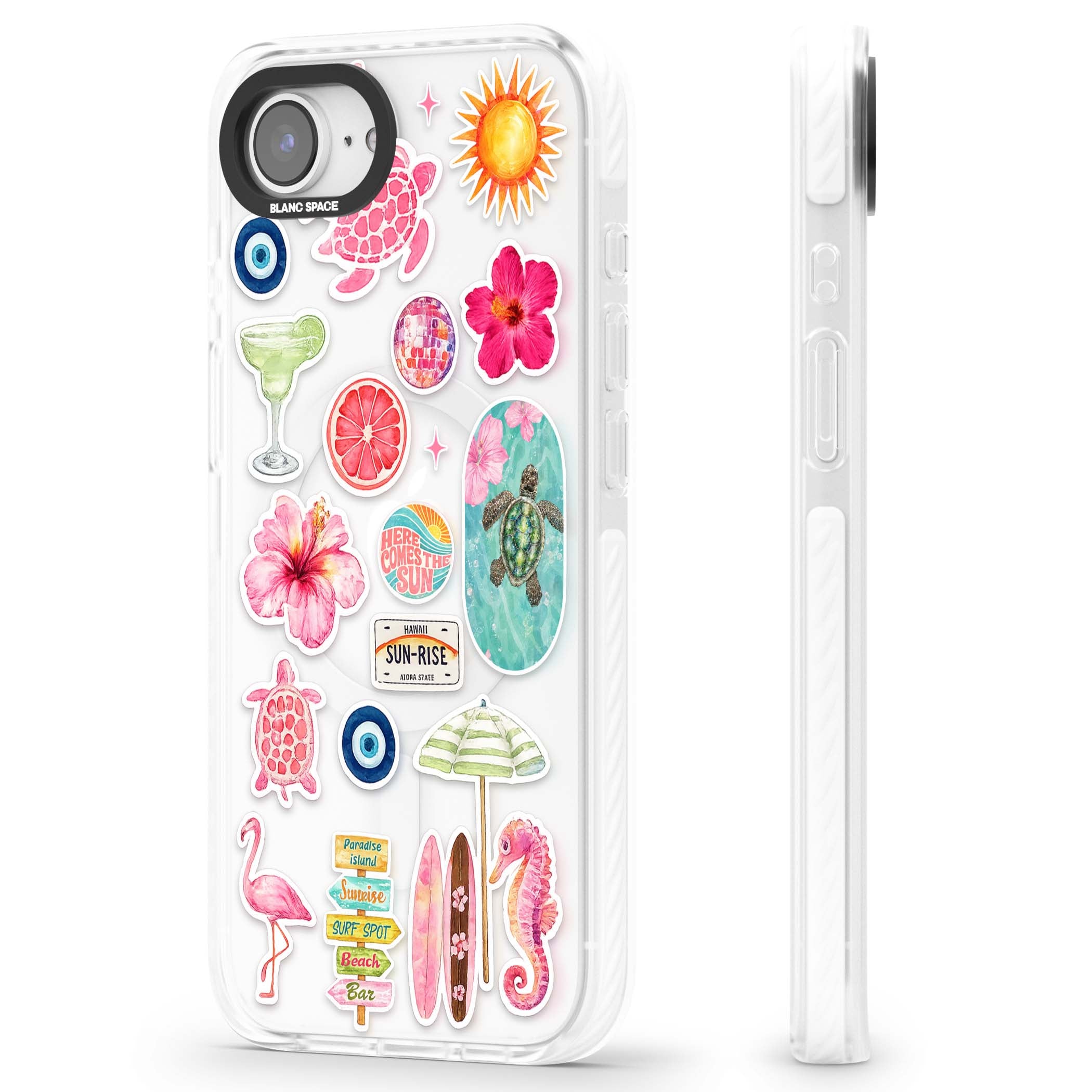 Aloha Sticker Mix tropical summer iPhone case featuring pink hibiscus, sea turtles, flamingo and beach umbrella stickers | Impact Magsafe case for iPhone 16e, iPhone 17e