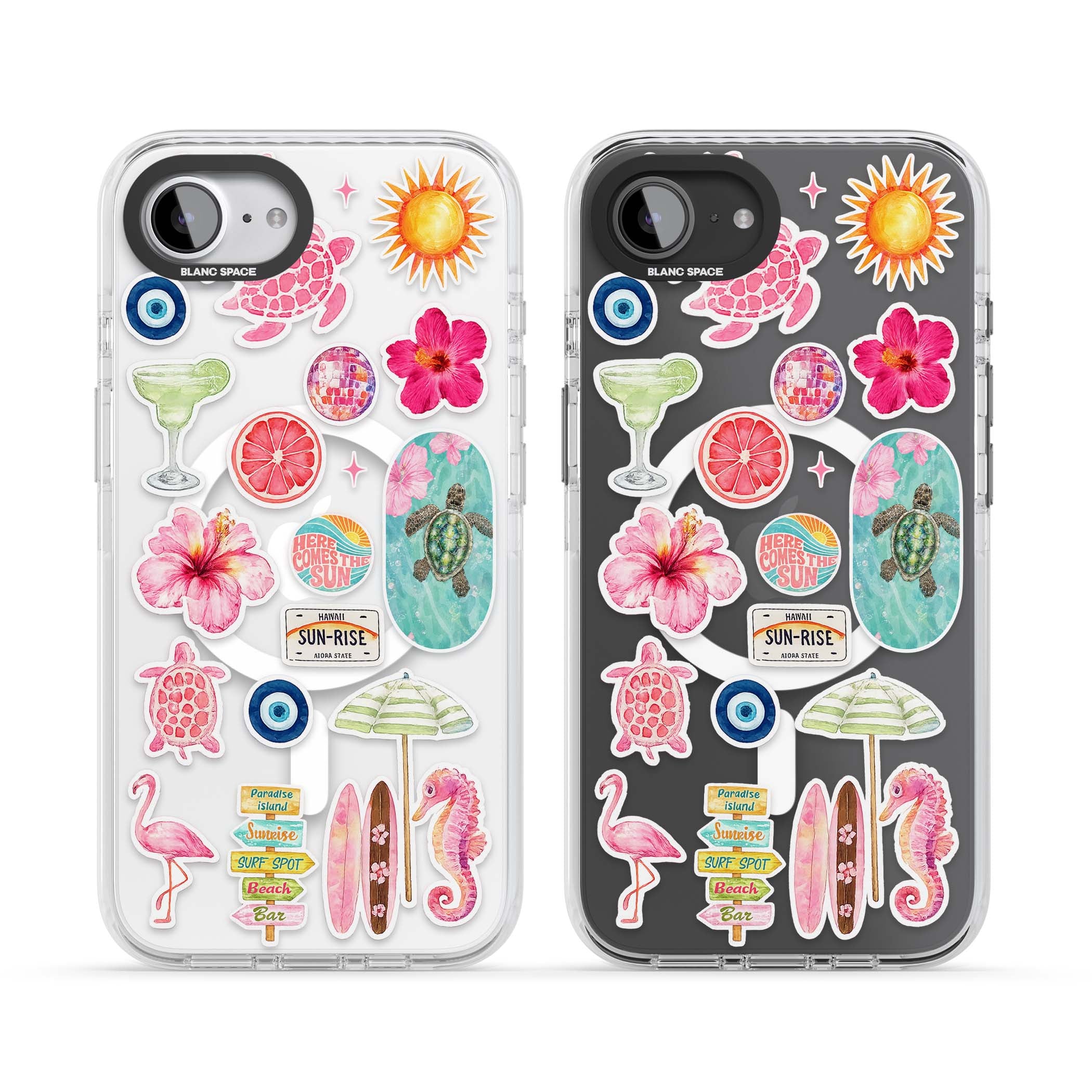 Aloha Sticker Mix tropical summer iPhone case featuring pink hibiscus, sea turtles, flamingo and beach umbrella stickers | Impact Magsafe case for iPhone 16e, iPhone 17e