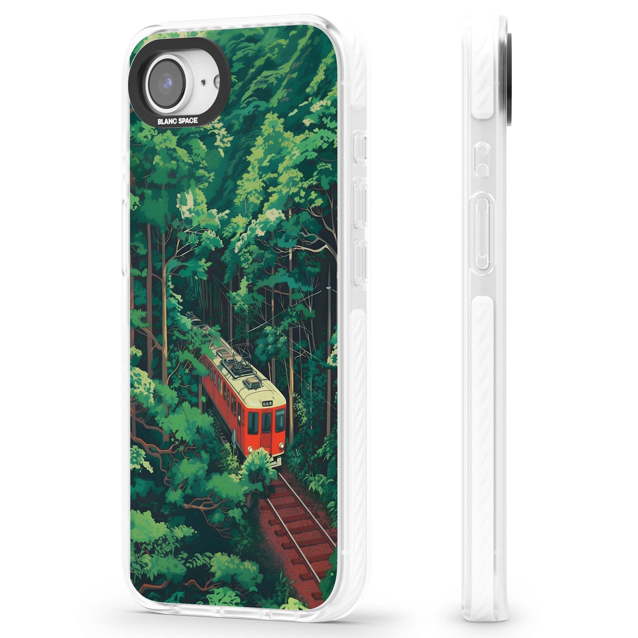 Railway In Toyama Japanese iPhone case featuring a red train, cedar forest and winding mountain railway tracks | Impact Magsafe case for iPhone 16e, iPhone 17e