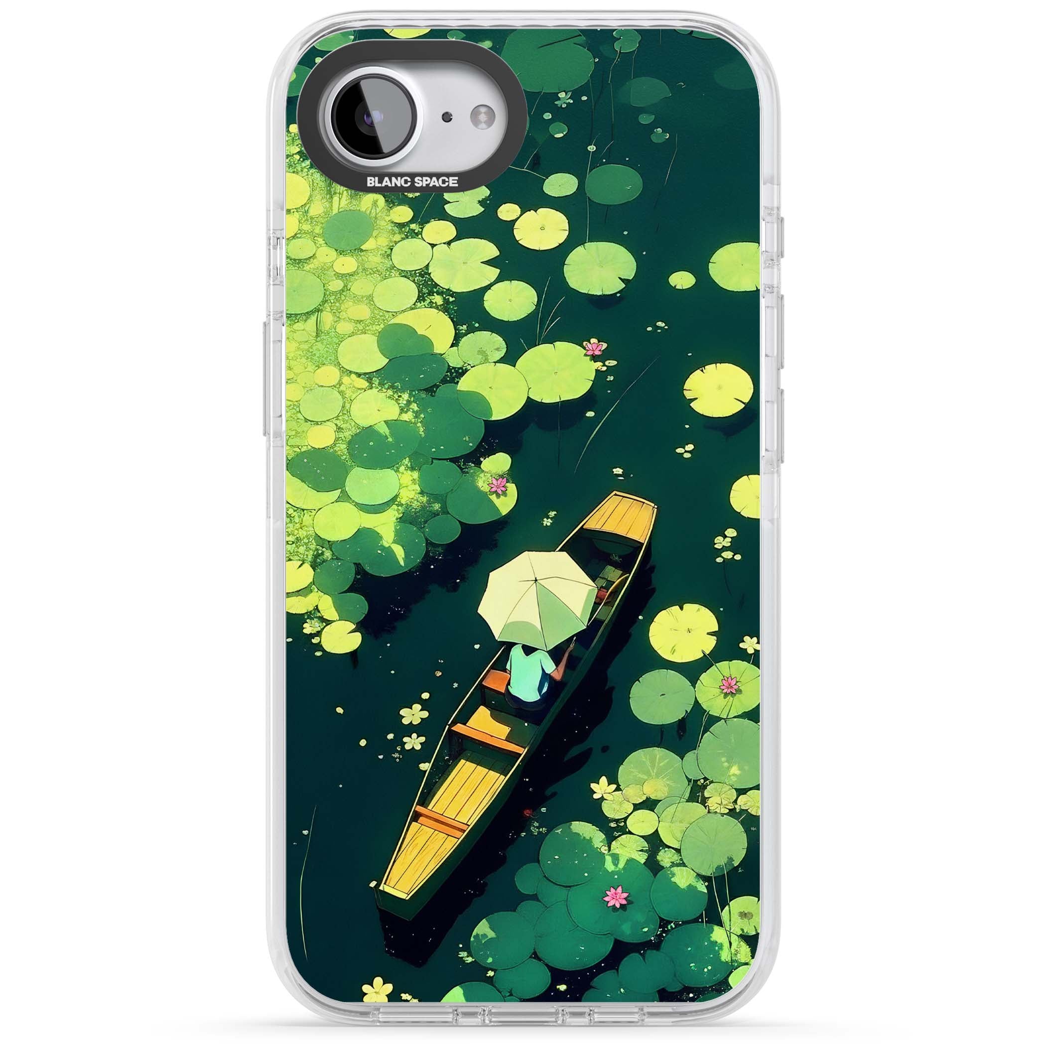Jade Waters cottagecore iPhone case featuring a painted lily pond, wooden boat with parasol and floating water lilies | Impact Magsafe case for iPhone 16e, iPhone 17e