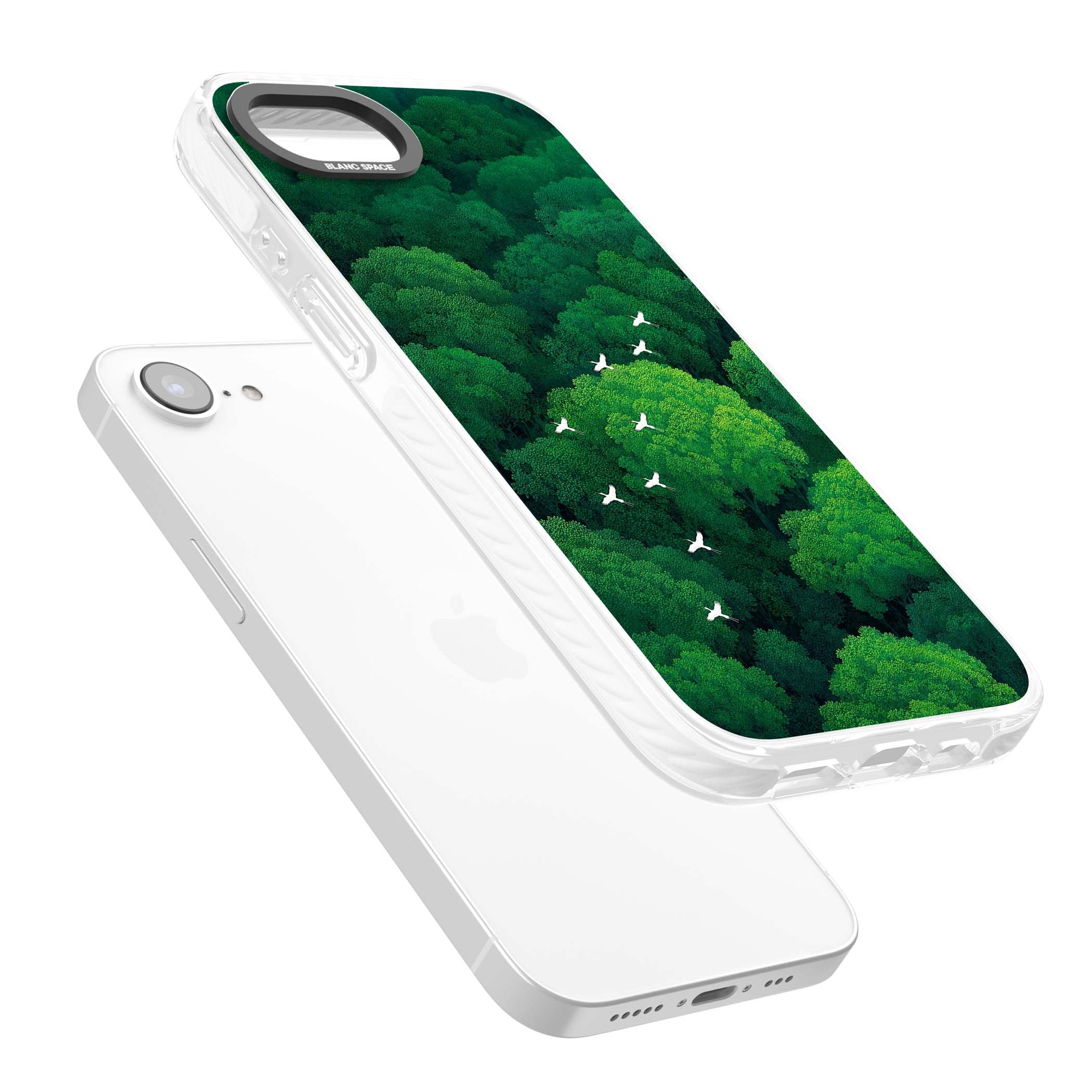 Grove Migration forest iPhone case featuring white cranes flying over lush green treetop canopy | Impact Magsafe case for iPhone 16e, iPhone 17e