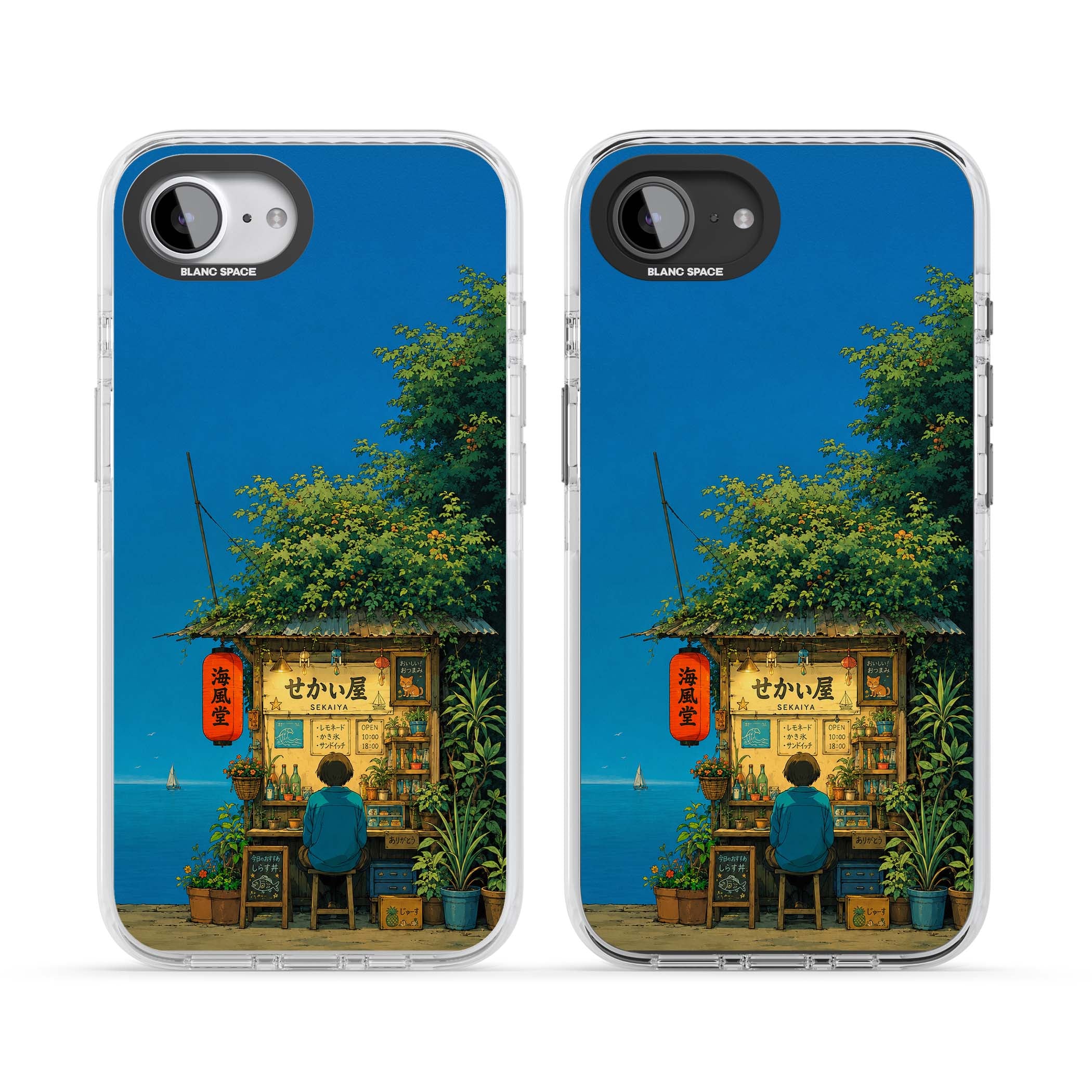 The Shirahama Kiosk anime iPhone case featuring a Japanese seaside shop, red paper lantern and ocean view | Impact Magsafe case for iPhone 16e, iPhone 17e