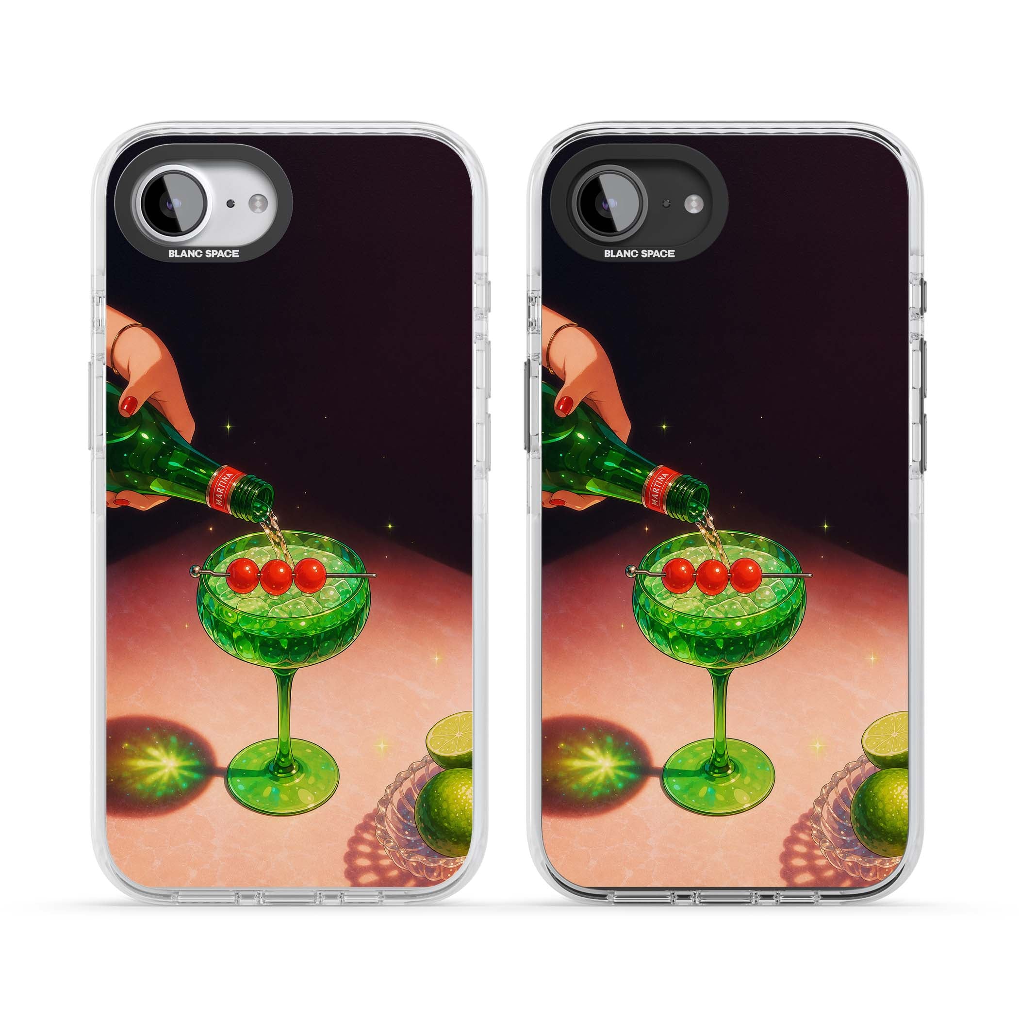 Absinthe Hour cocktail iPhone case featuring a green coupe glass, cherry garnish and vintage bottle pour illustration | Impact Magsafe case for iPhone 16e, iPhone 17e