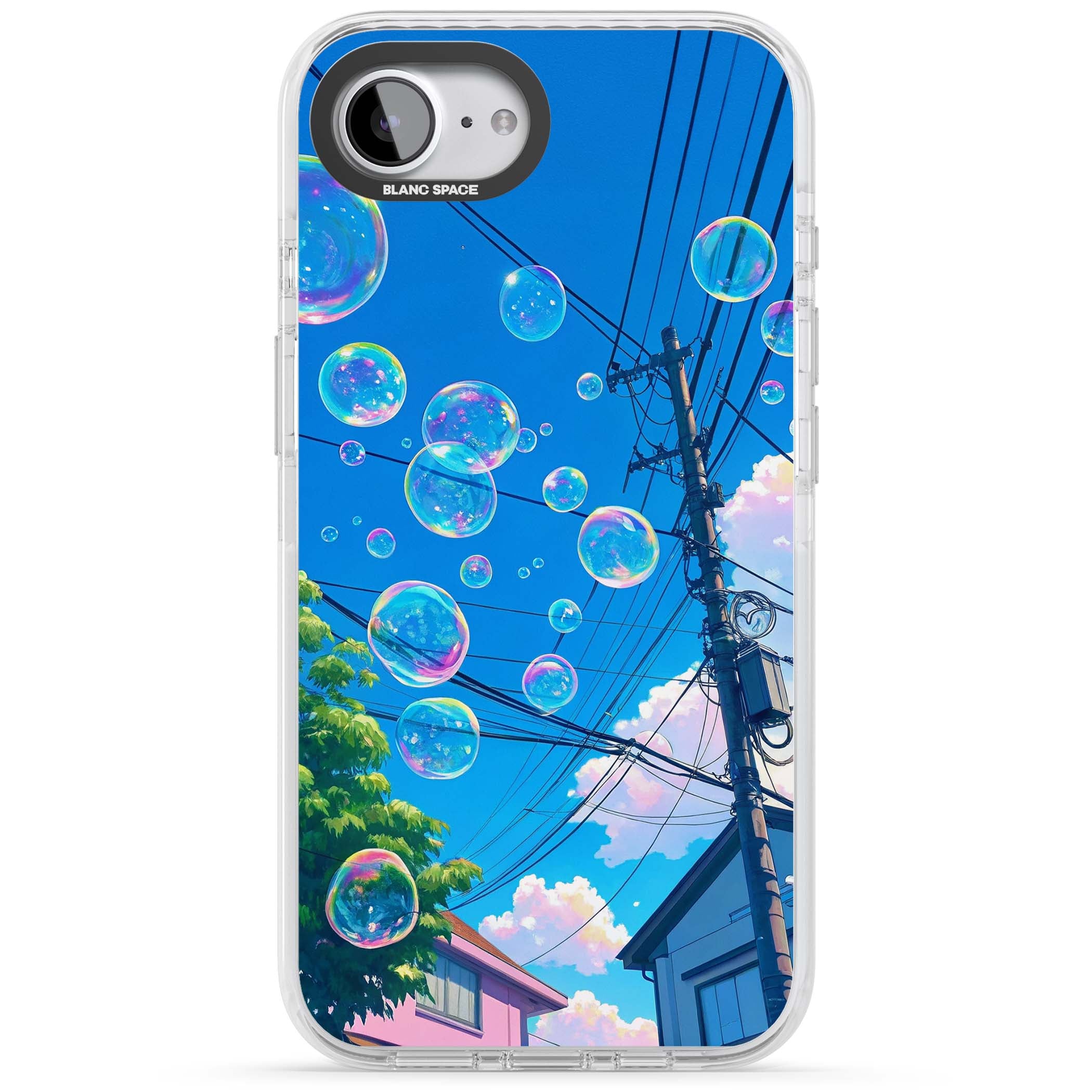 Suburban Bubbles anime iPhone case featuring iridescent soap bubbles, blue sky and Japanese telephone wires | Impact Magsafe case for iPhone 16e, iPhone 17e