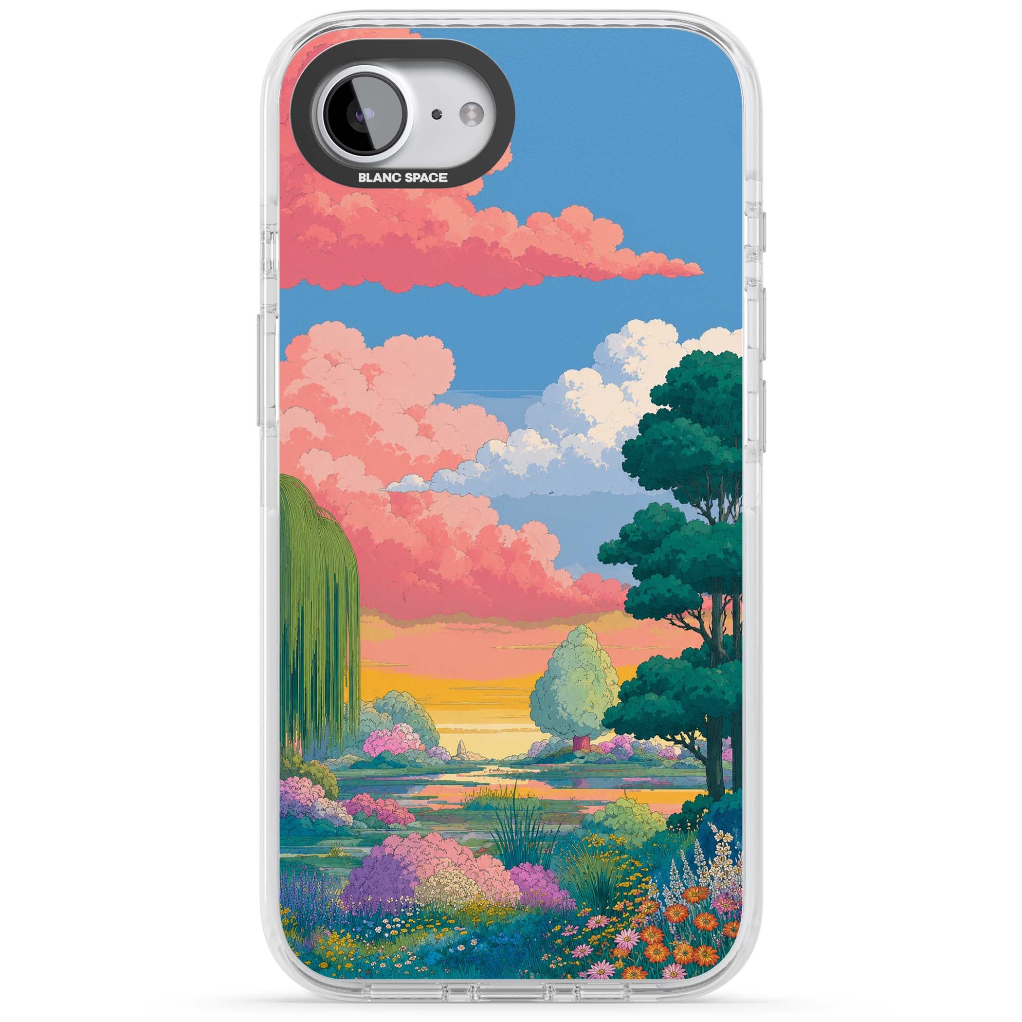 Dream Valley anime landscape iPhone case featuring pink sunset clouds, willow trees and wildflowers | Impact Magsafe case for iPhone 16e, iPhone 17e