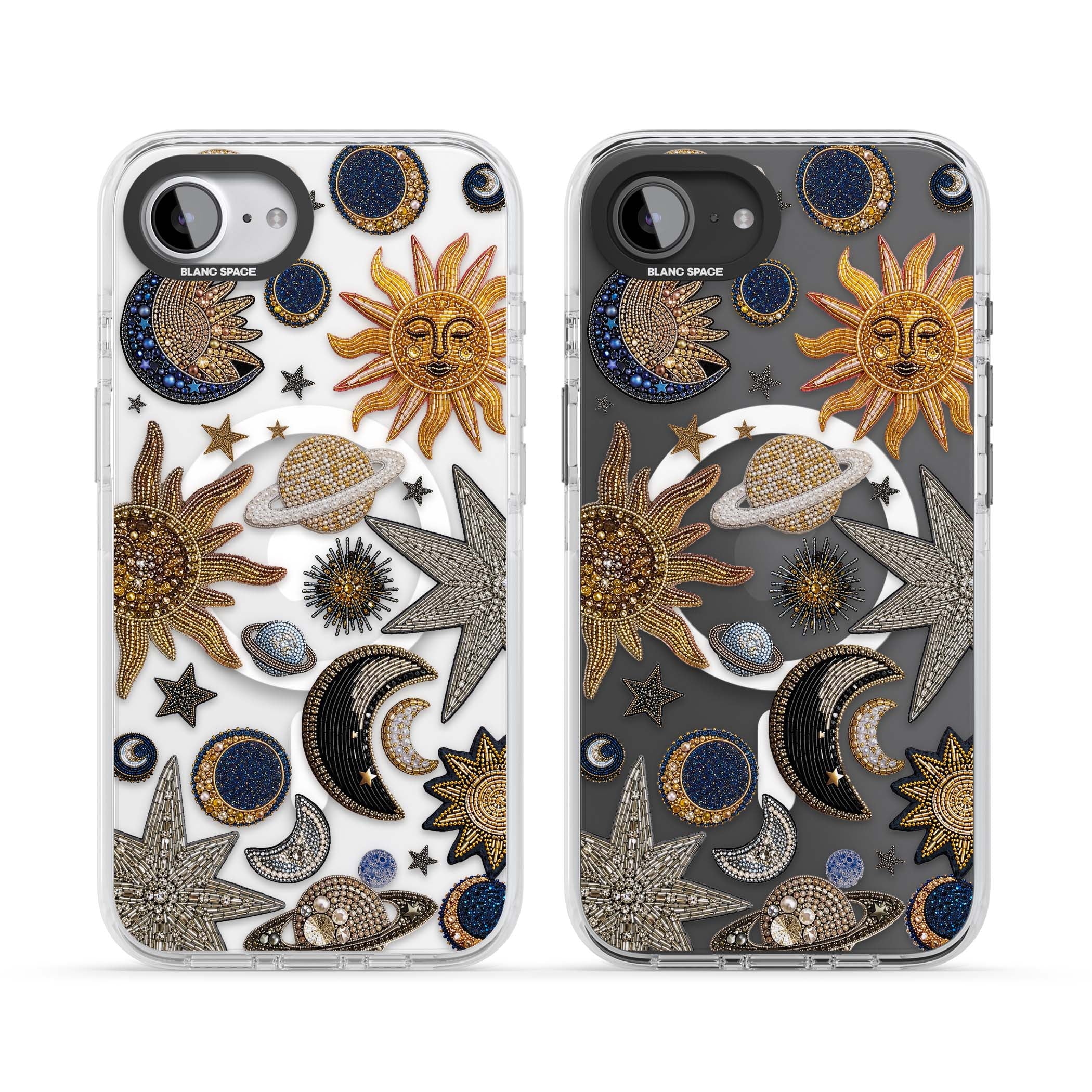 Beaded Cosmos celestial iPhone case featuring embroidered golden suns, beaded planets and silver shooting stars | Impact Magsafe case for iPhone 16e, iPhone 17e