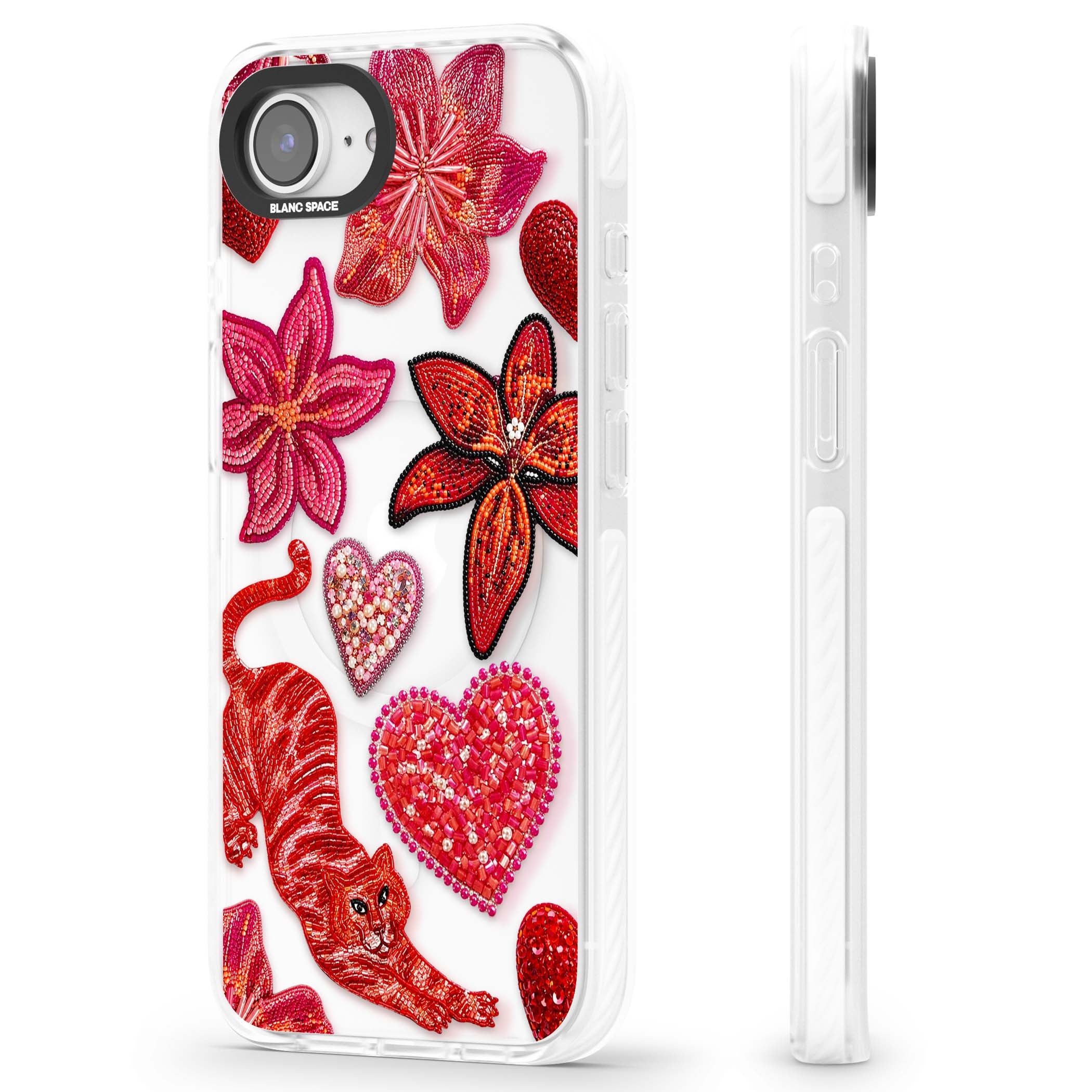 Beaded Boho floral iPhone case featuring beaded red lilies, a stitched tiger, and pearl-encrusted hearts on clear | Impact Magsafe case for iPhone 16e, iPhone 17e