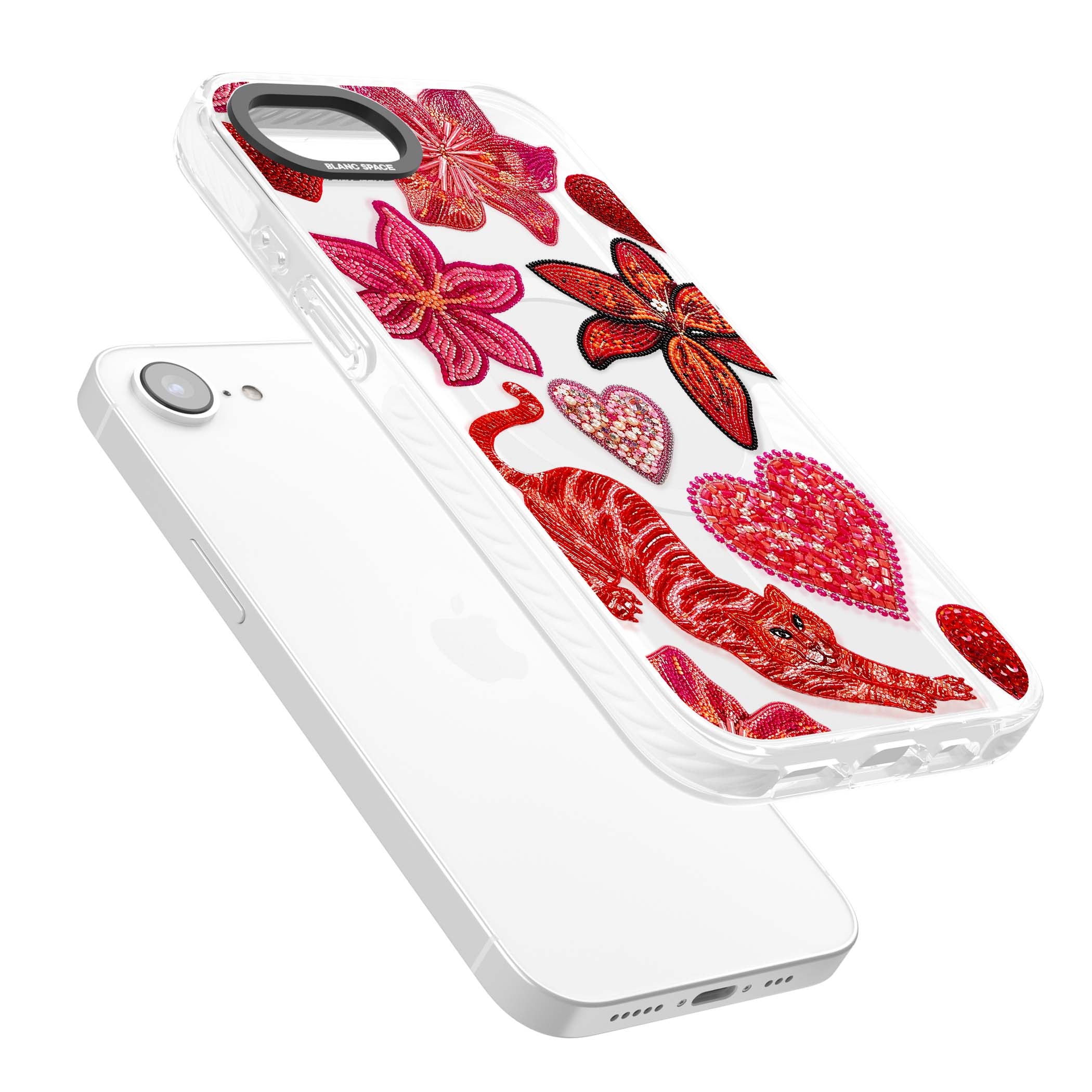 Beaded Boho floral iPhone case featuring beaded red lilies, a stitched tiger, and pearl-encrusted hearts on clear | Impact Magsafe case for iPhone 16e, iPhone 17e