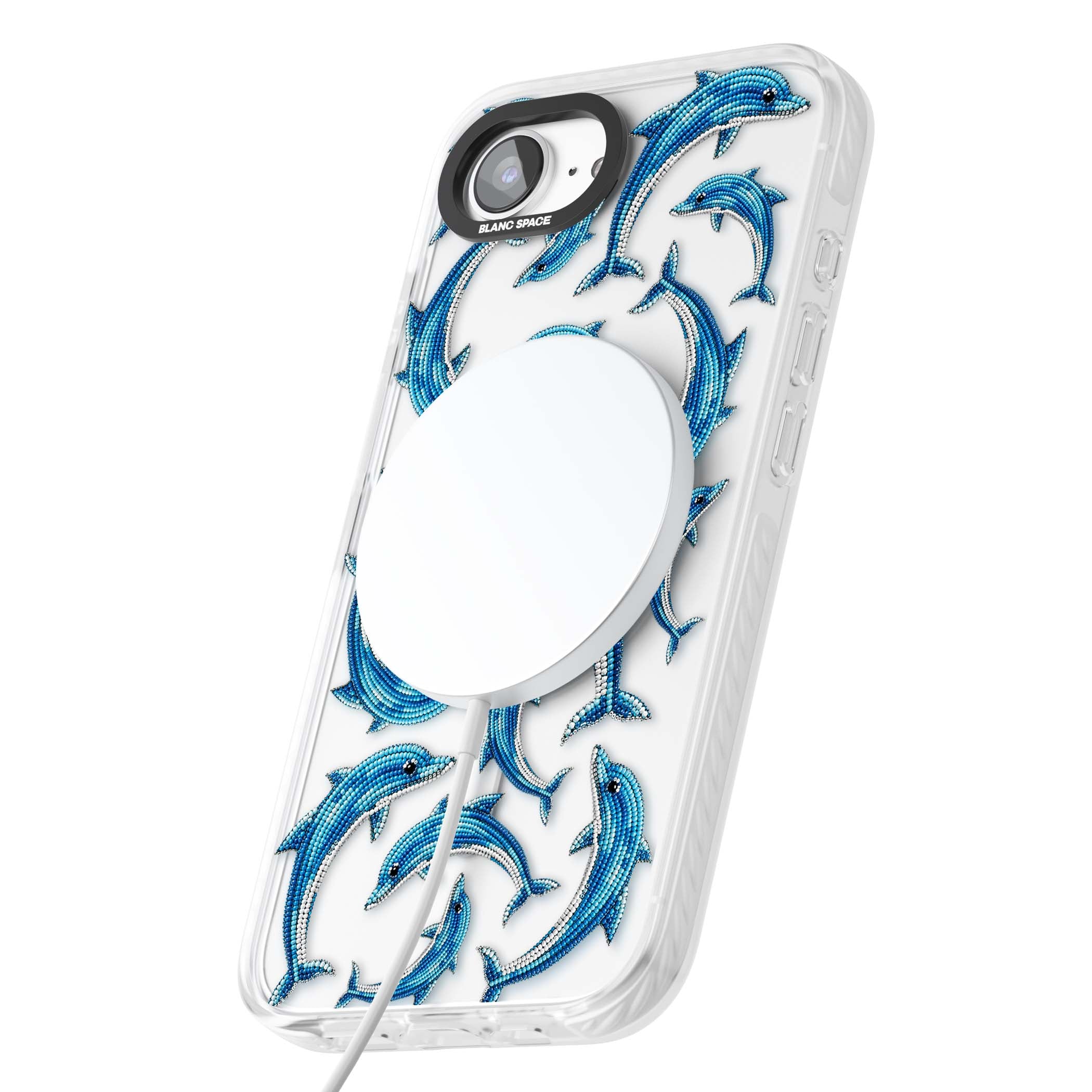 Beaded Dolphins coastal iPhone case featuring beaded dolphins in blue and white swimming across a clear background | Impact Magsafe case for iPhone 16e, iPhone 17e