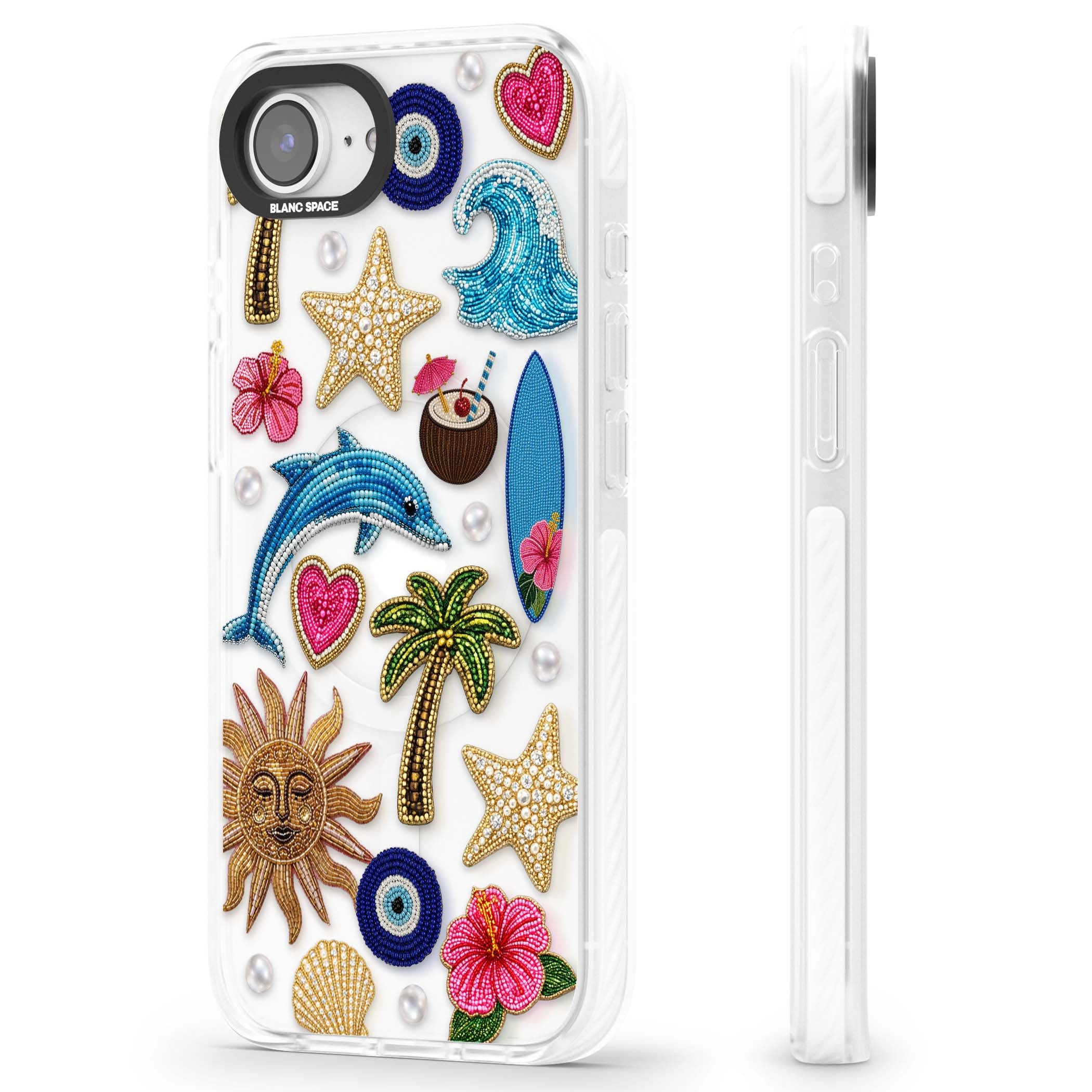 Beaded Beach coastal summer iPhone case featuring embroidered evil eye, hibiscus flowers, dolphin and palm tree patches | Impact Magsafe case for iPhone 16e, iPhone 17e