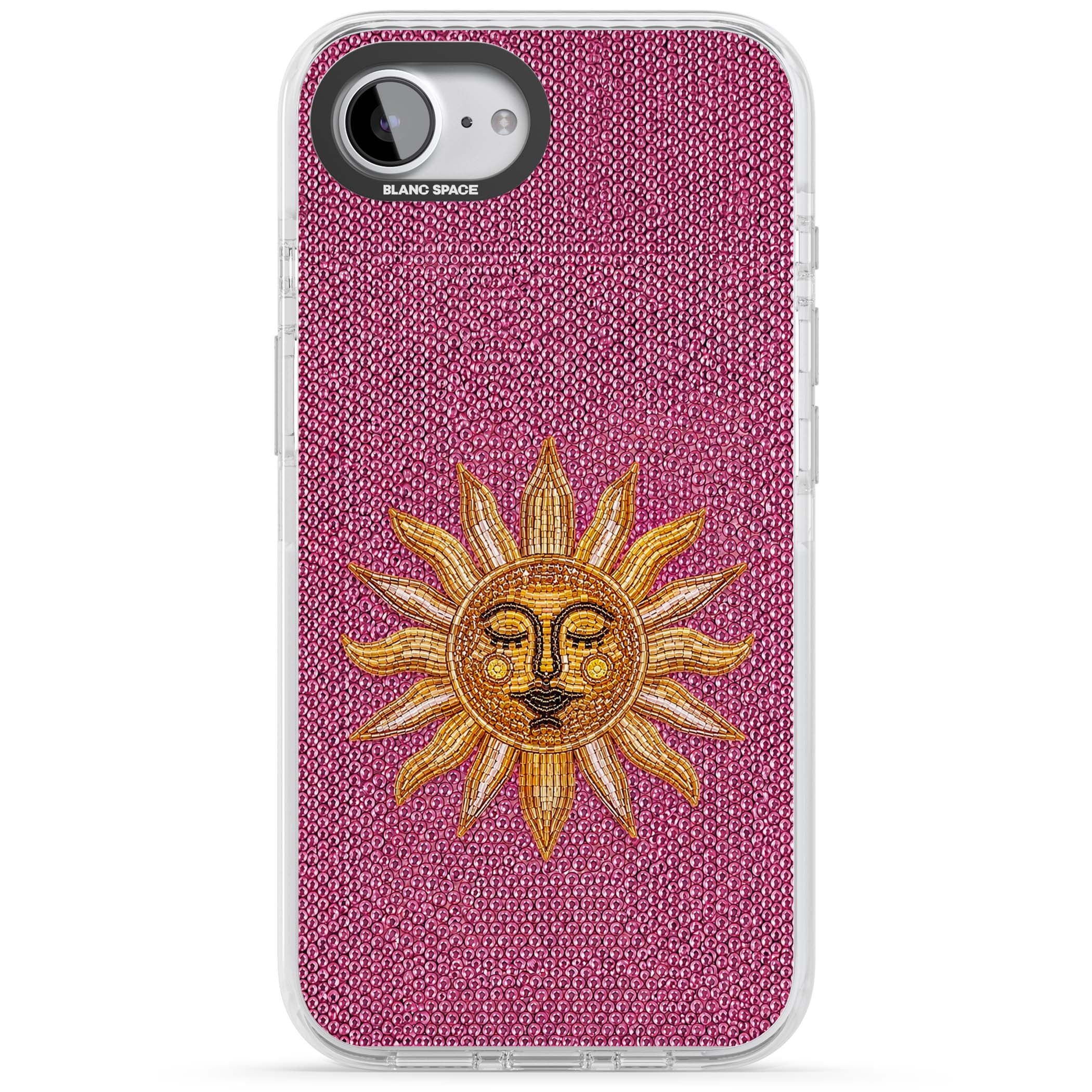 Beaded Sun celestial iPhone case featuring a golden beaded sun face with radiant rays on hot pink beaded background | Impact Magsafe case for iPhone 16e, iPhone 17e
